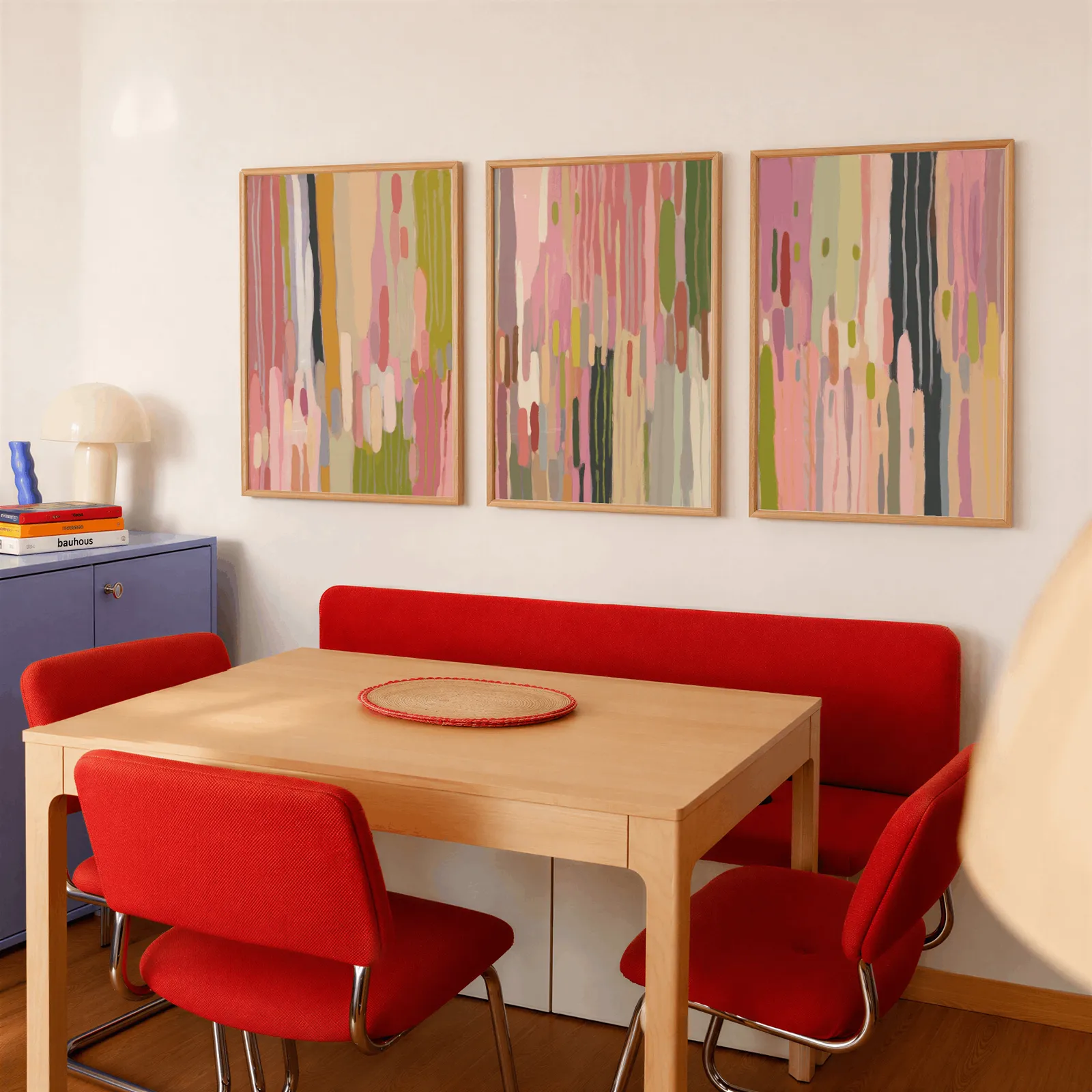 colorful abstract wall art set of 3, above a red banquette bench beside a lavender cabinet