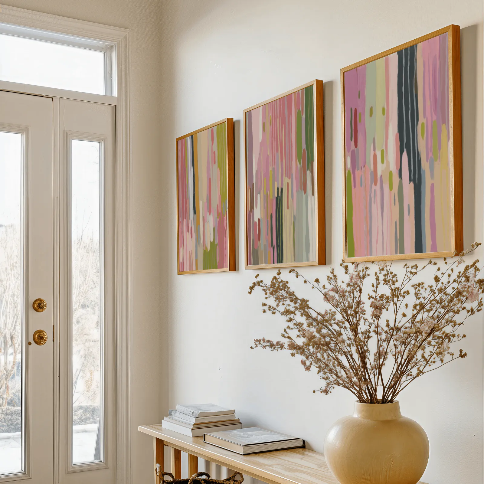 colorful abstract wall art set of 3, above a console table with a yellow vase of dried branches