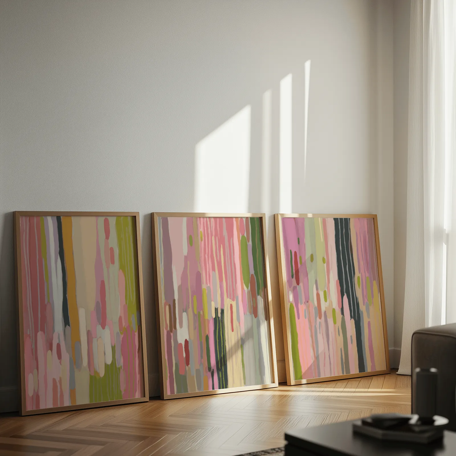 colorful abstract wall art set of 3, leaning against a sunlit wall on herringbone flooring