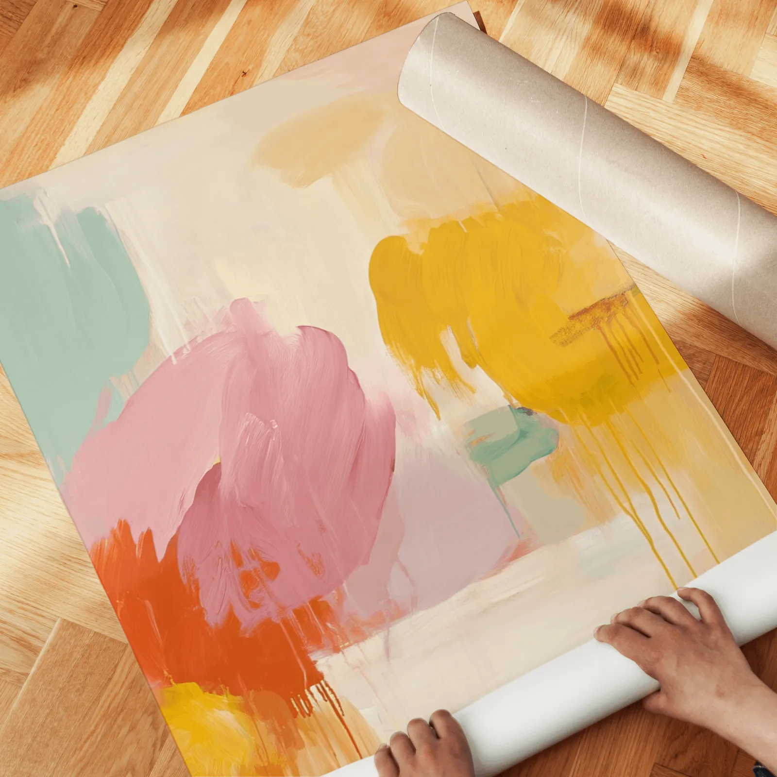colorful abstract wall art set of 3, unrolled across a herringbone wood floor by hand