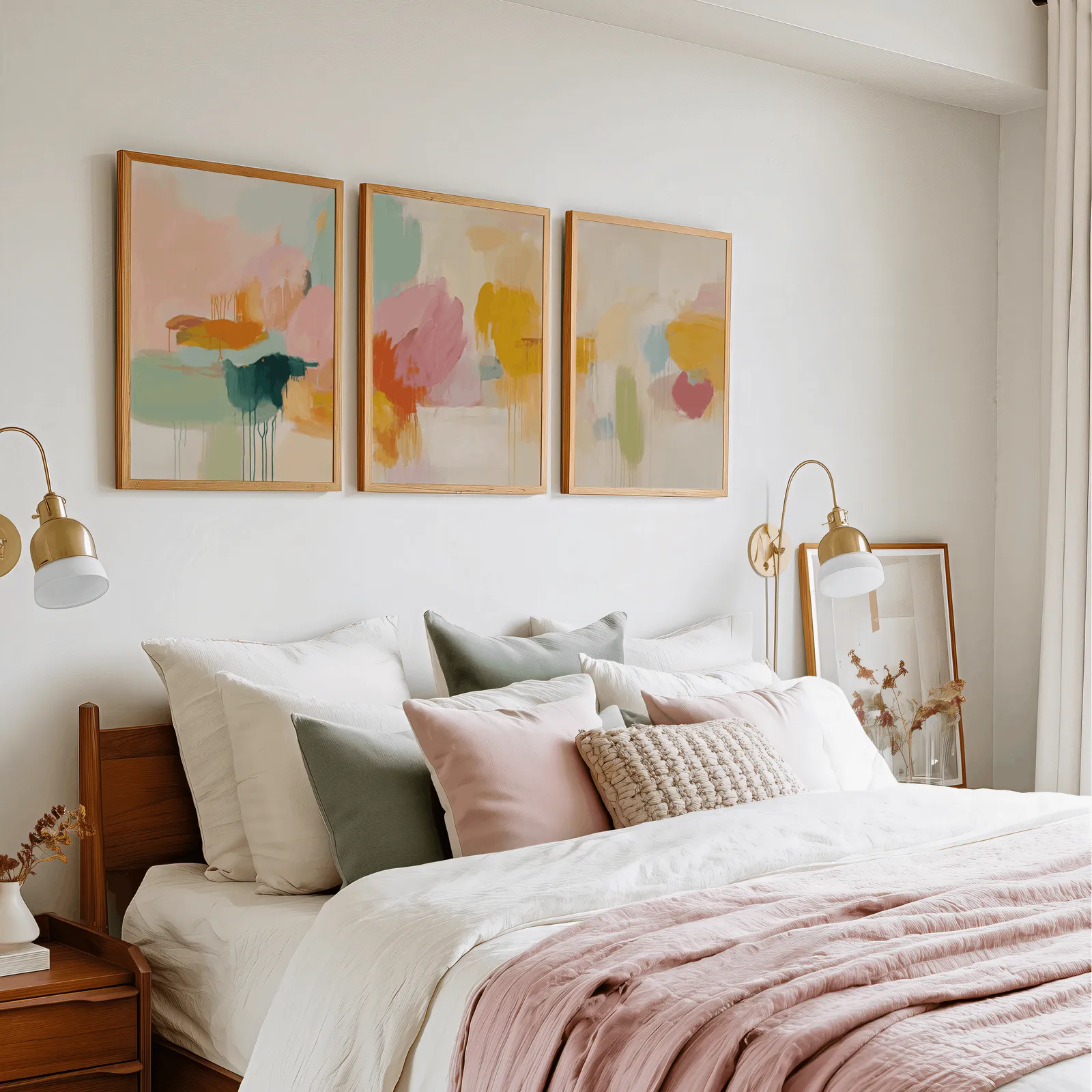colorful abstract wall art set of 3, in a row above a pink and cream bed with brass sconces
