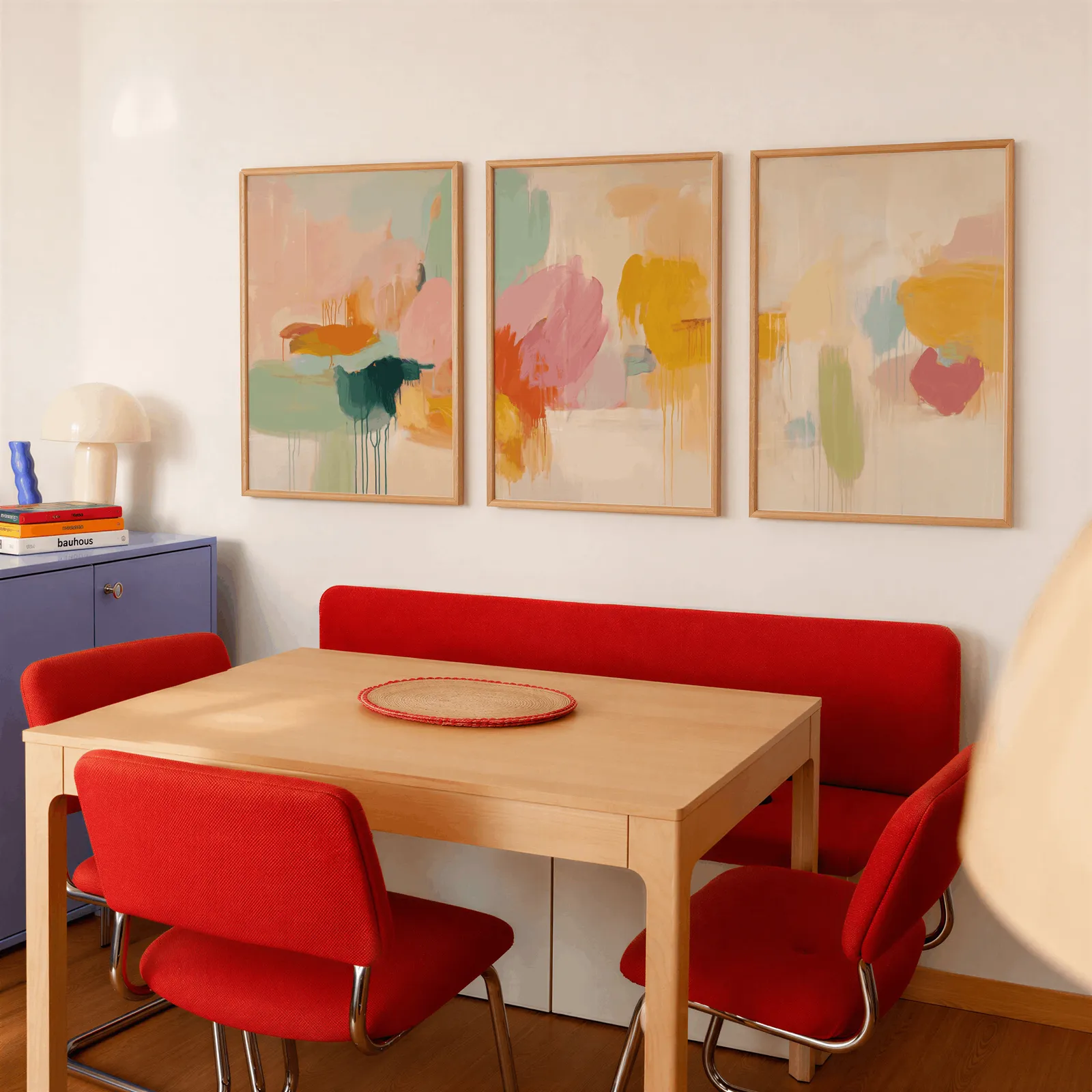 colorful abstract wall art set of 3, above a red banquette bench beside a lavender cabinet
