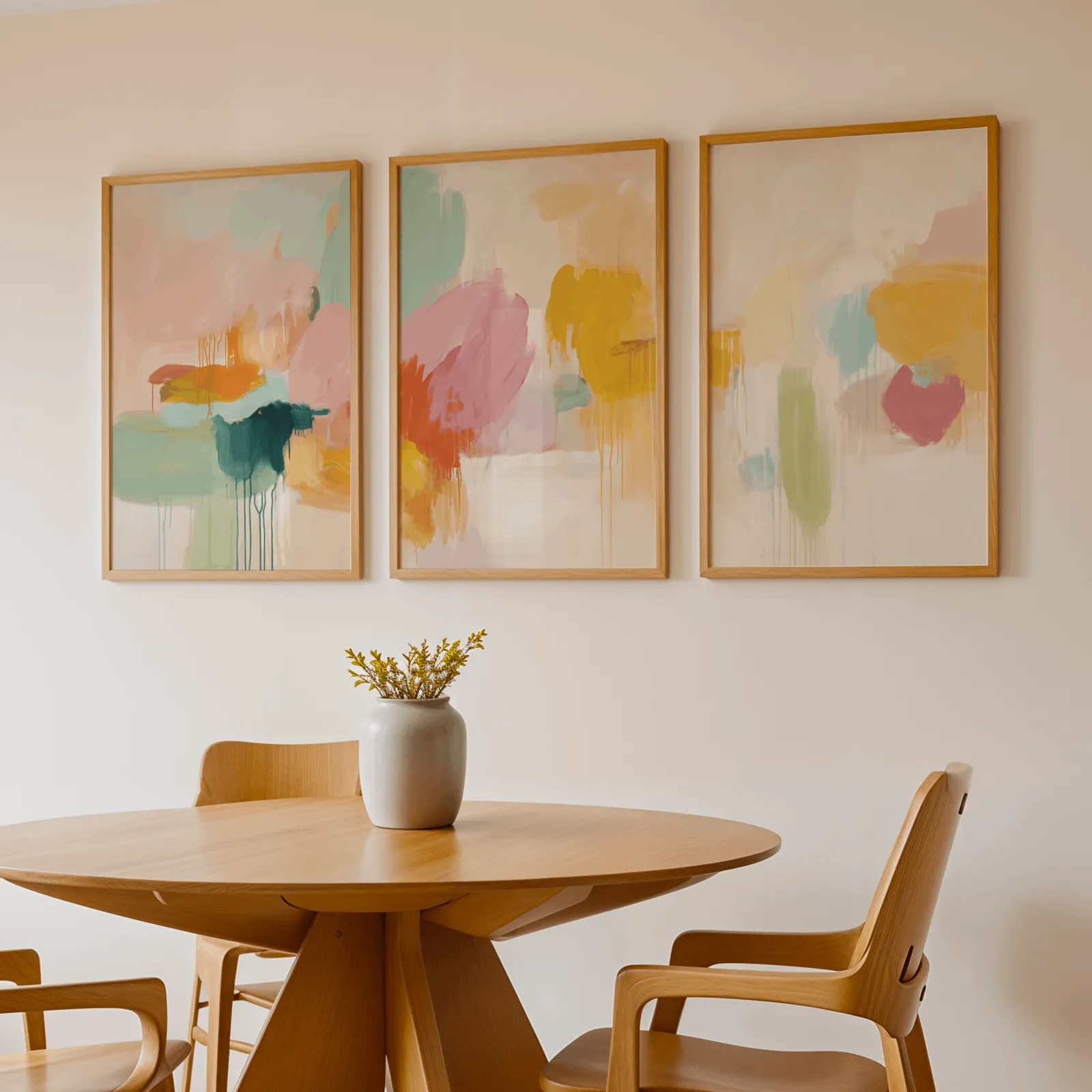 colorful abstract wall art set of 3, above a round wooden table with a stoneware vase