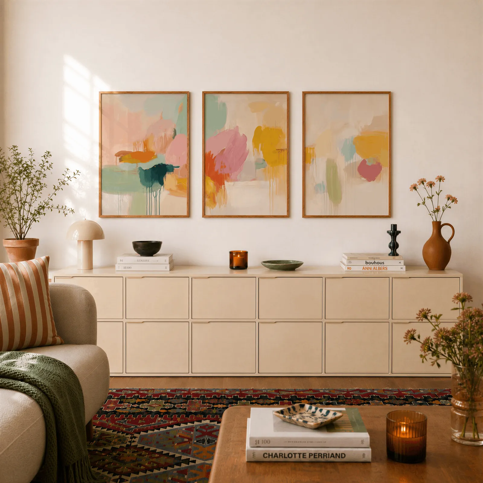 colorful abstract wall art set of 3, above a long cream sideboard topped with books and a terracotta jug