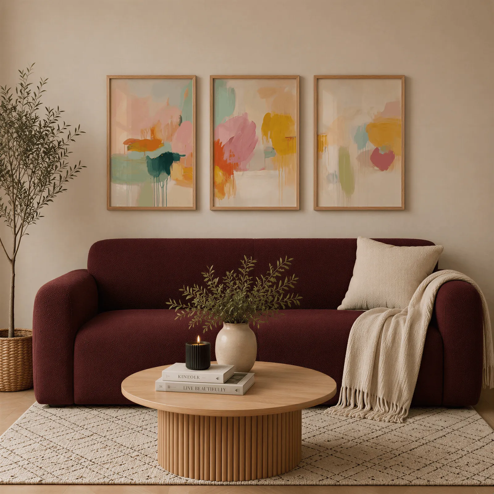 colorful abstract wall art set of 3, above a burgundy boucle sofa with a cream throw