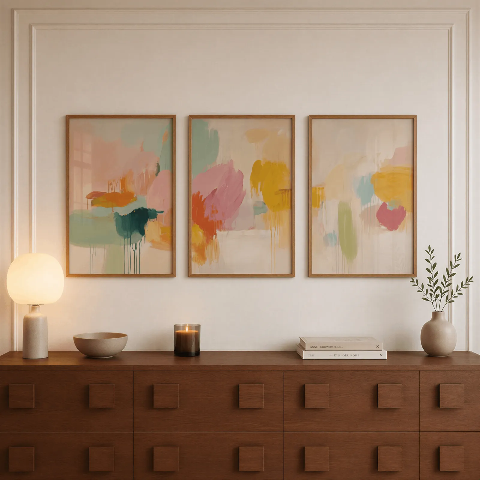 colorful abstract wall art set of 3, above a walnut sideboard with a lit candle and glowing lamp