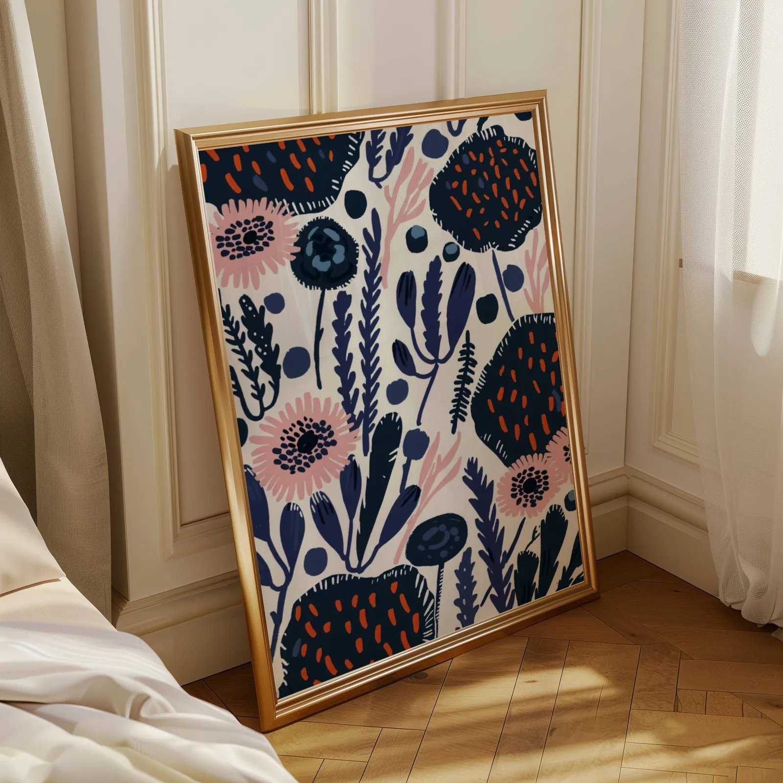 navy blue floral botanical wall art, leaning in a sunlit corner beside sheer curtains and herringbone floor