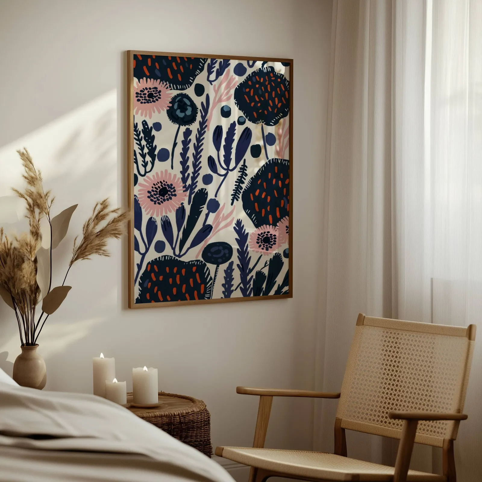 navy blue floral botanical wall art, above a woven side table with lit candles and pampas grass