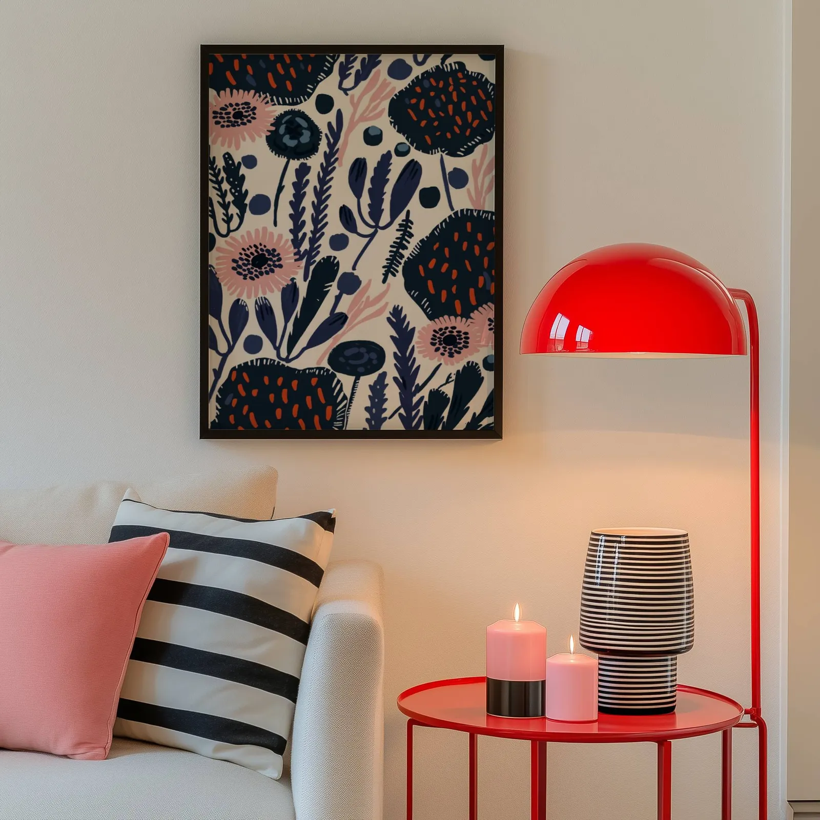 navy blue floral botanical wall art, above a cream sofa beside a glossy red dome lamp