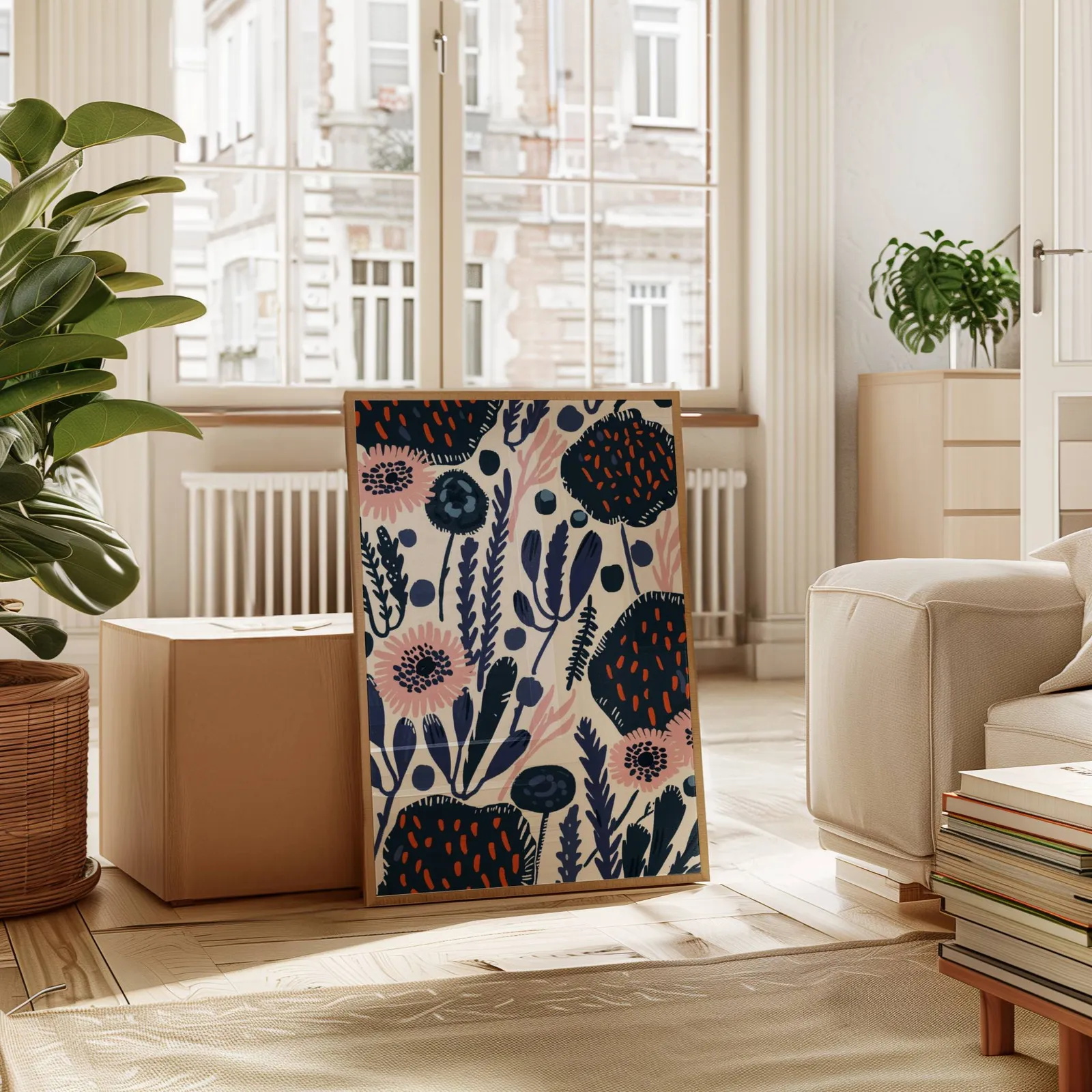 navy blue floral botanical wall art, leaning against a cardboard box near a tall window radiator