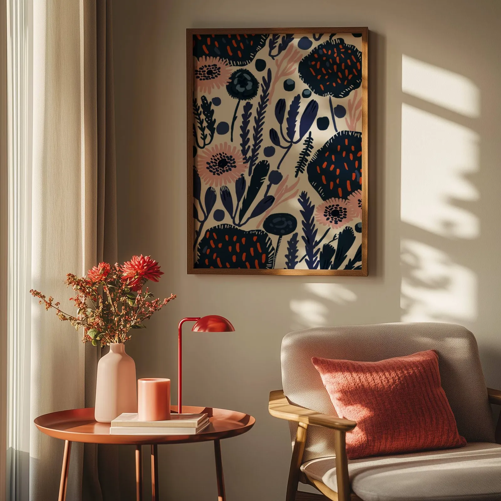 navy blue floral botanical wall art, above a round side table with a red lamp and dahlias