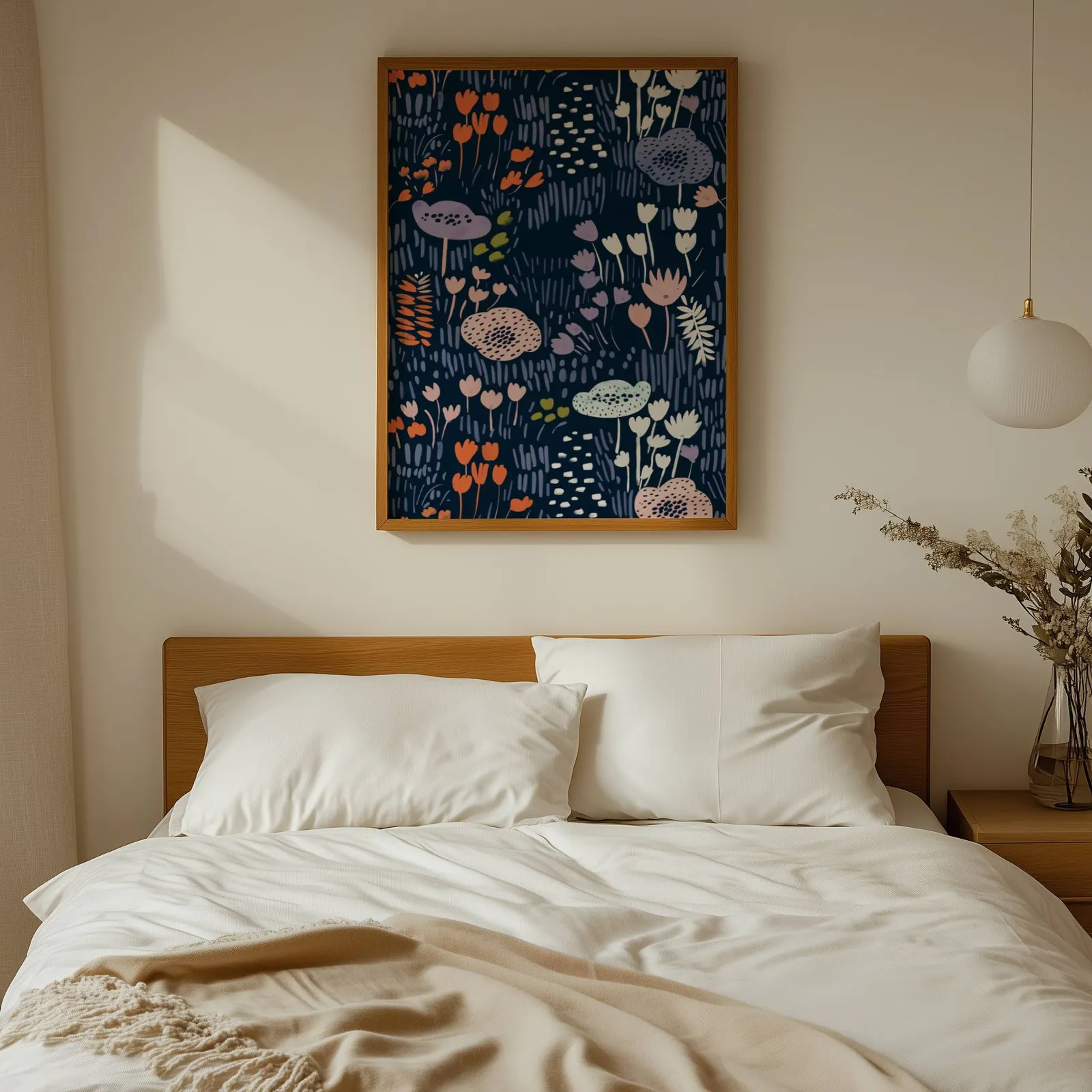 navy floral botanical wall art print, above a wooden headboard with white linen pillows