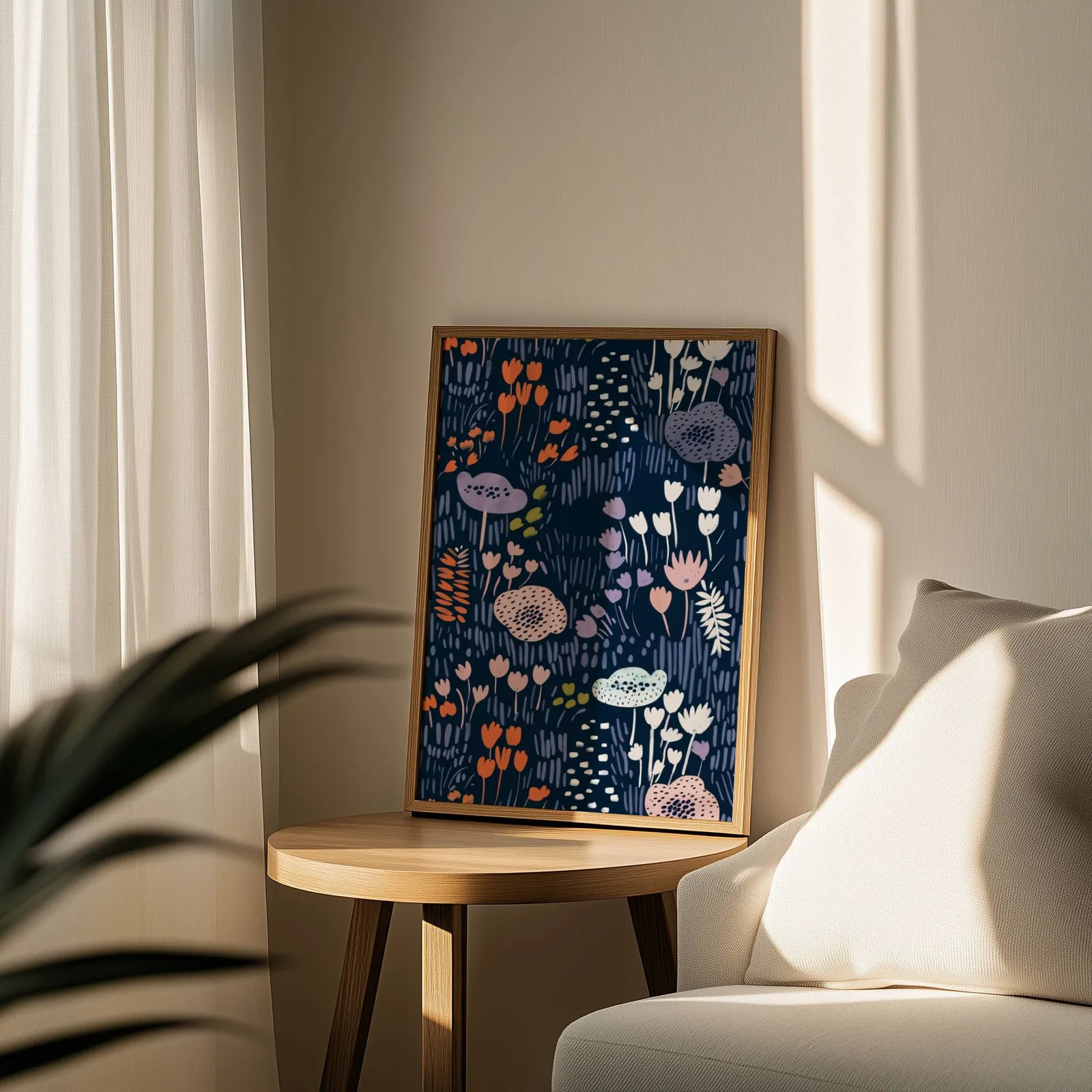 navy floral botanical wall art print, leaning on a round wooden side table by a sheer curtain