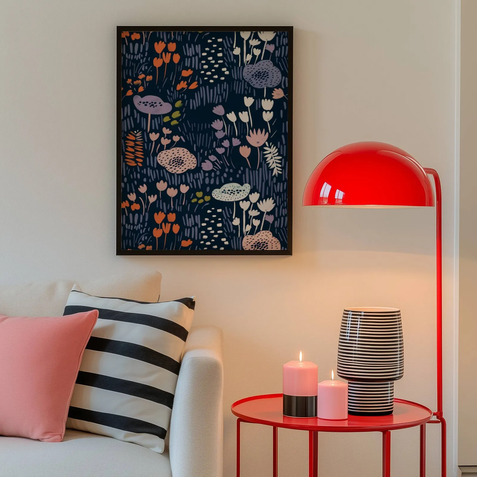 navy floral botanical wall art print, above a cream sofa beside a glossy red dome lamp