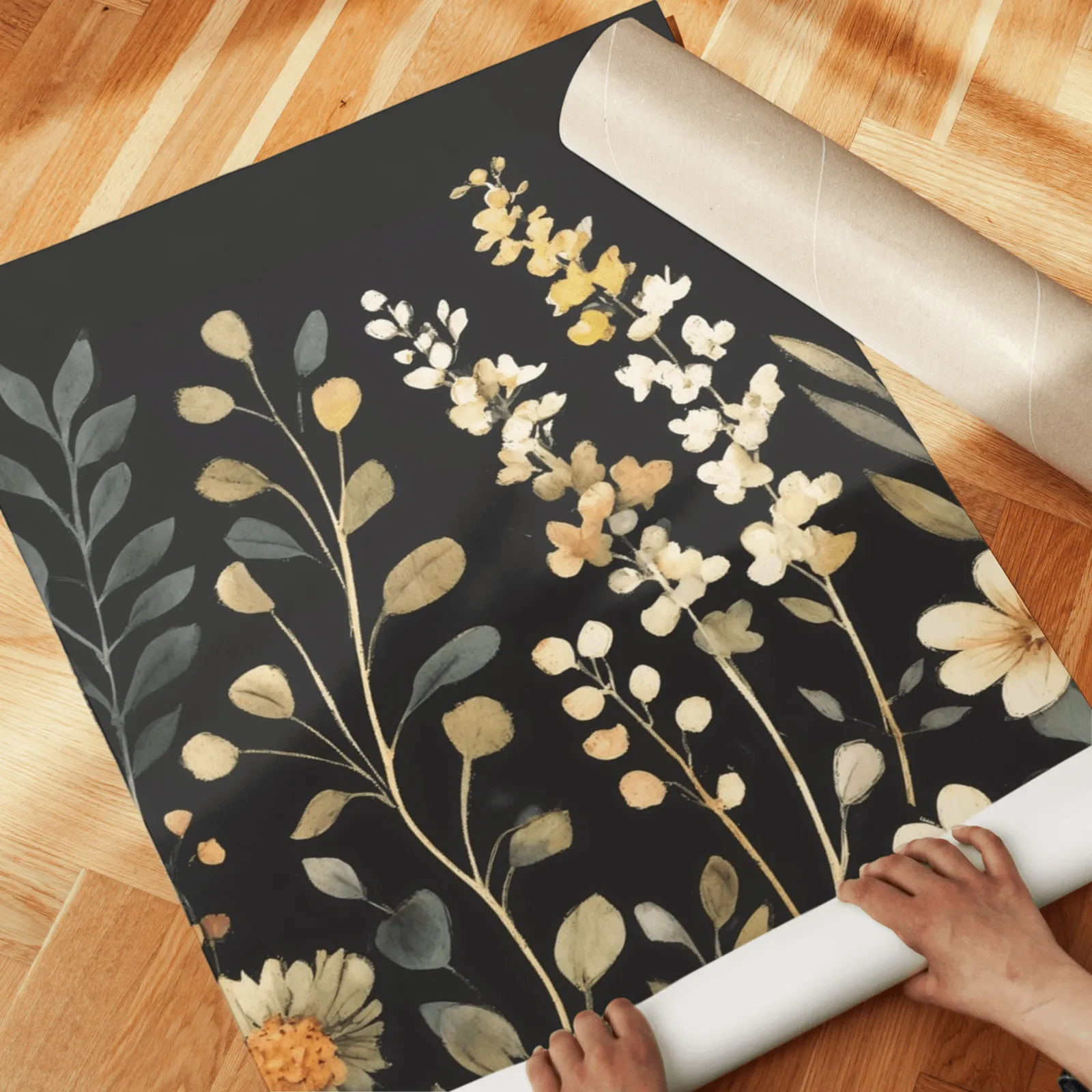 black botanical wildflower wall art set of 3, unrolled across a herringbone wood floor by hand