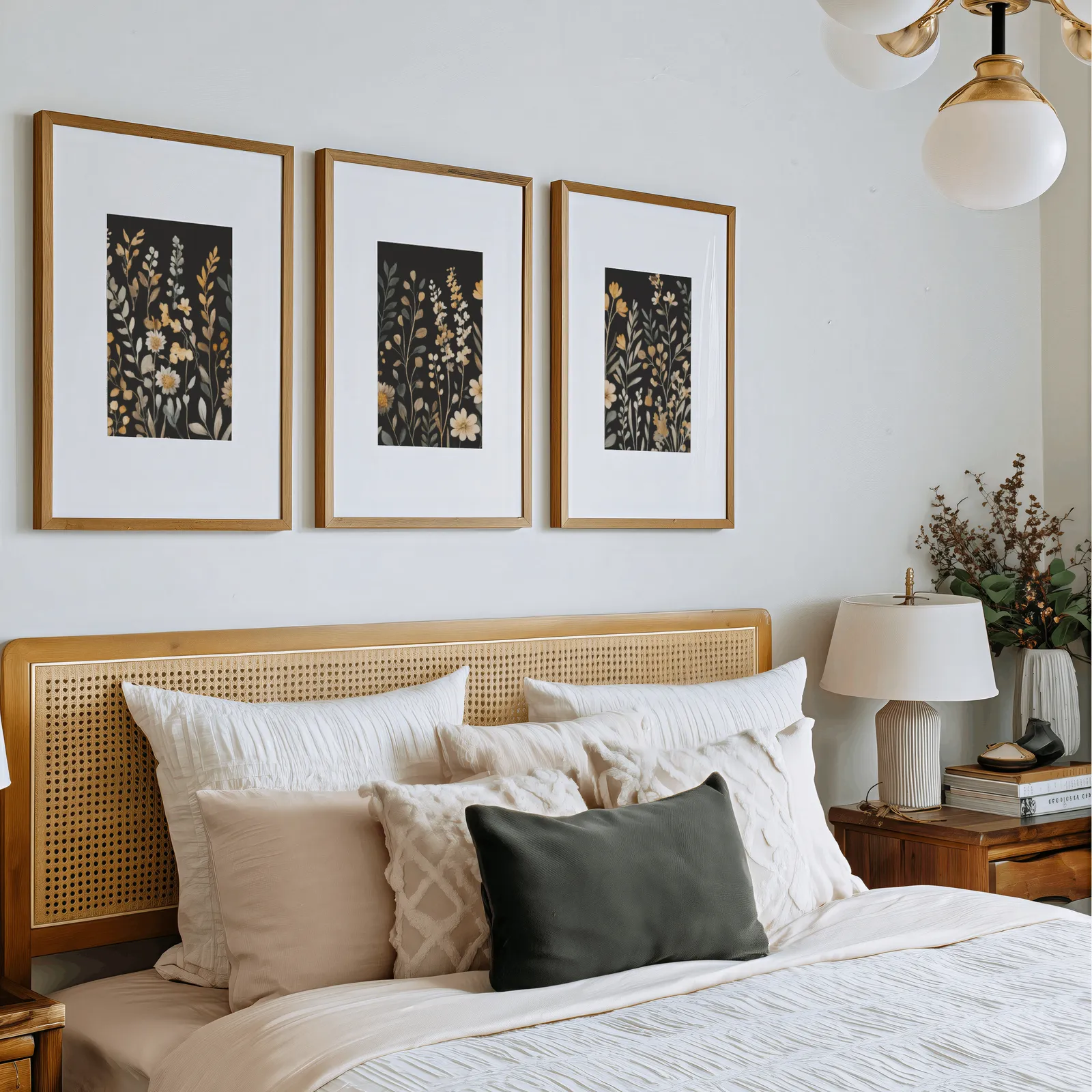 black botanical wildflower wall art set of 3, above a rattan headboard piled with pillows