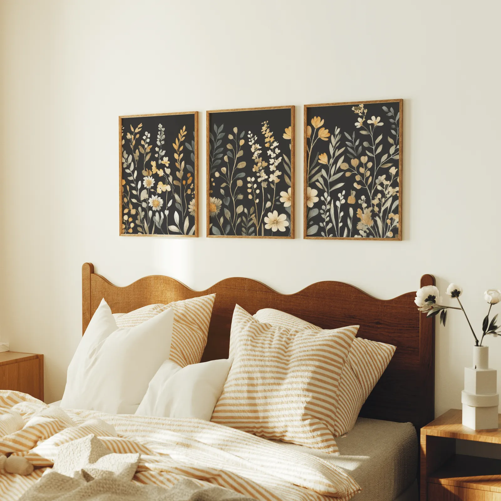 black botanical wildflower wall art set of 3, above a scalloped wooden headboard with striped pillows