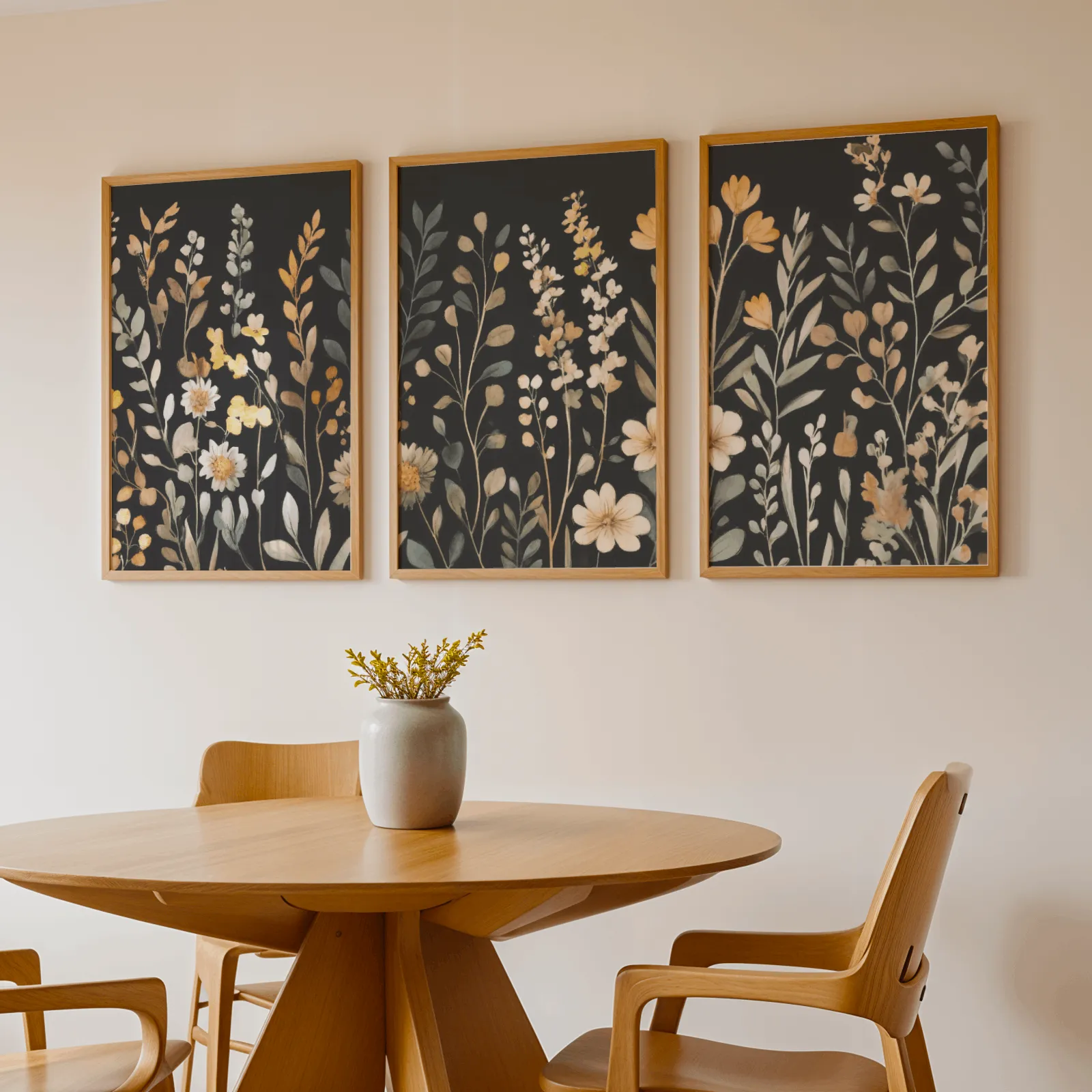 black botanical wildflower wall art set of 3, above a round wooden table with a stoneware vase