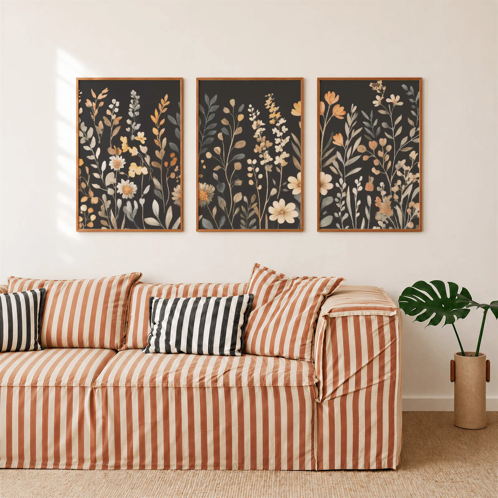 black botanical wildflower wall art set of 3, above a rust-striped sofa beside a potted monstera