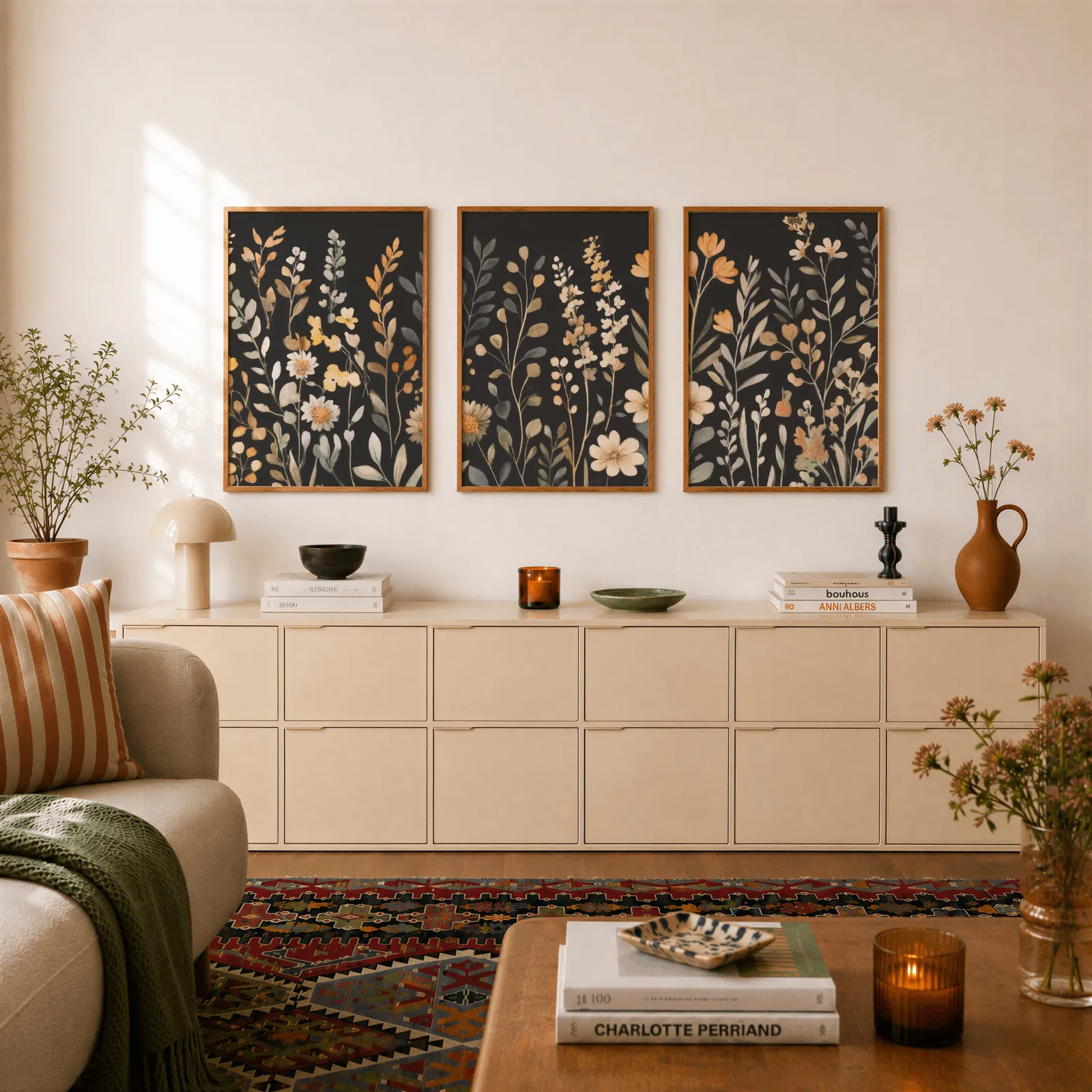 black botanical wildflower wall art set of 3, above a long cream sideboard topped with books and a terracotta jug