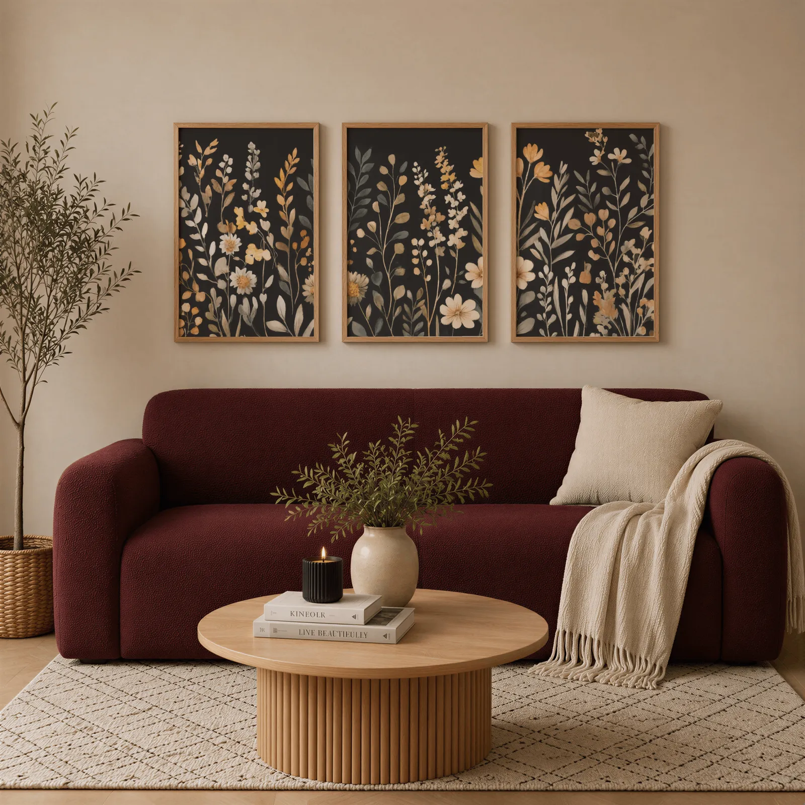 black botanical wildflower wall art set of 3, above a burgundy boucle sofa with a cream throw