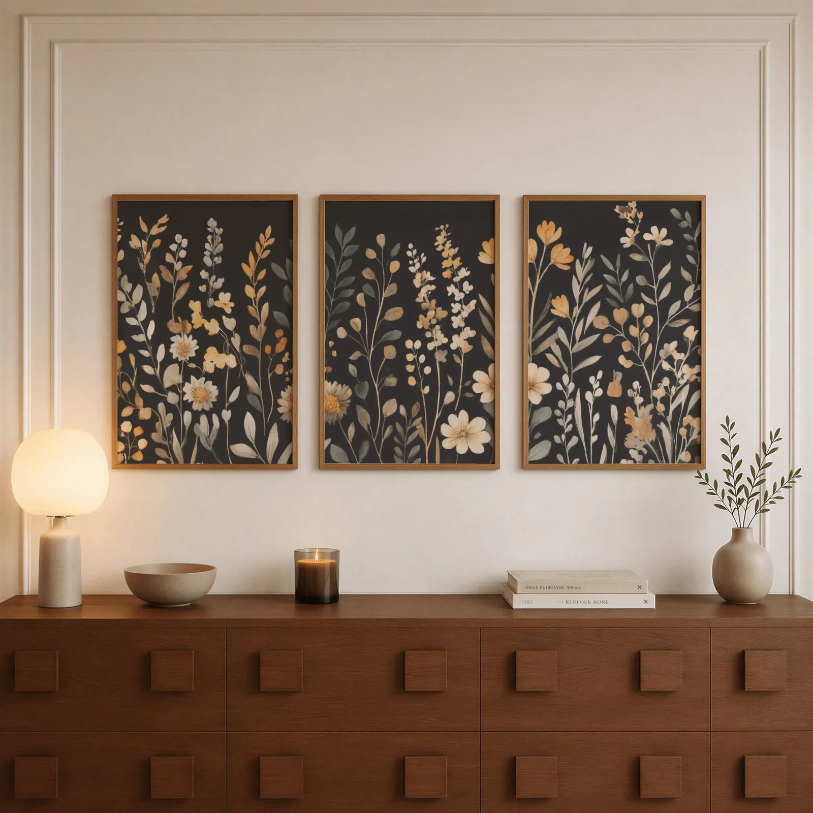 black botanical wildflower wall art set of 3, above a walnut sideboard with a lit candle and glowing lamp