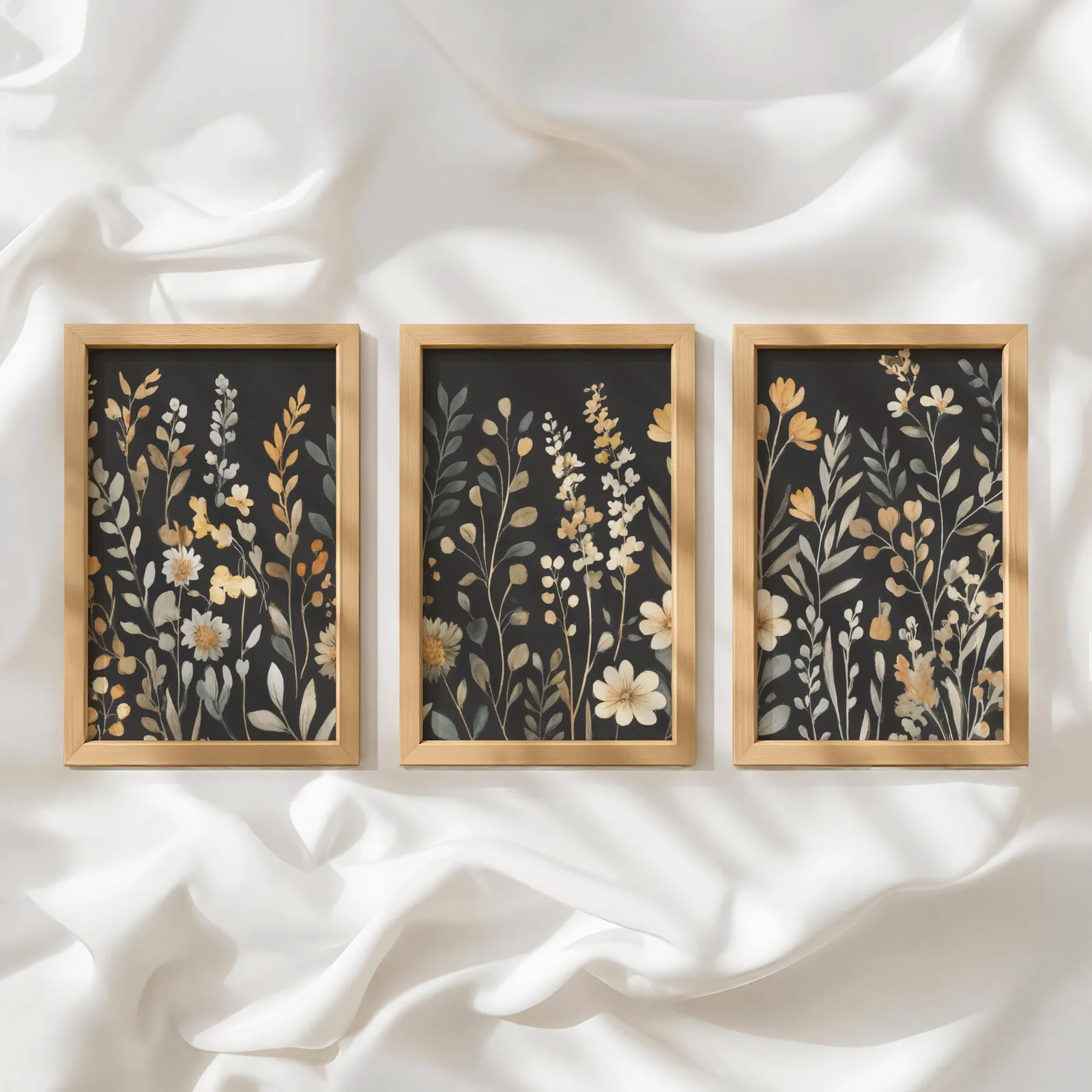 black botanical wildflower wall art set of 3, in a row atop rumpled white silky fabric
