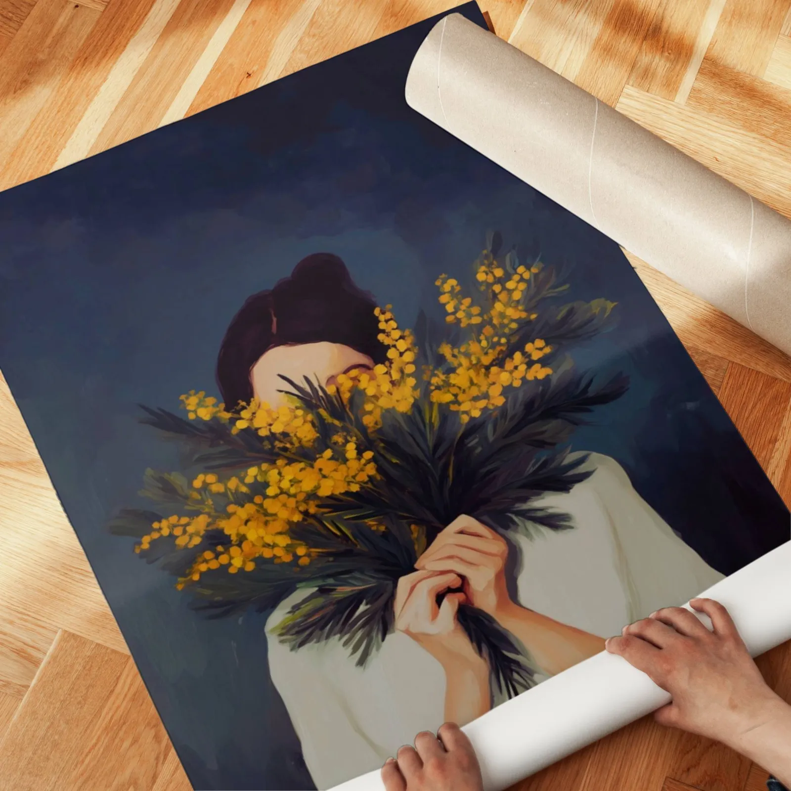 woman with yellow mimosa flowers wall art, unrolled across a herringbone parquet floor by hand