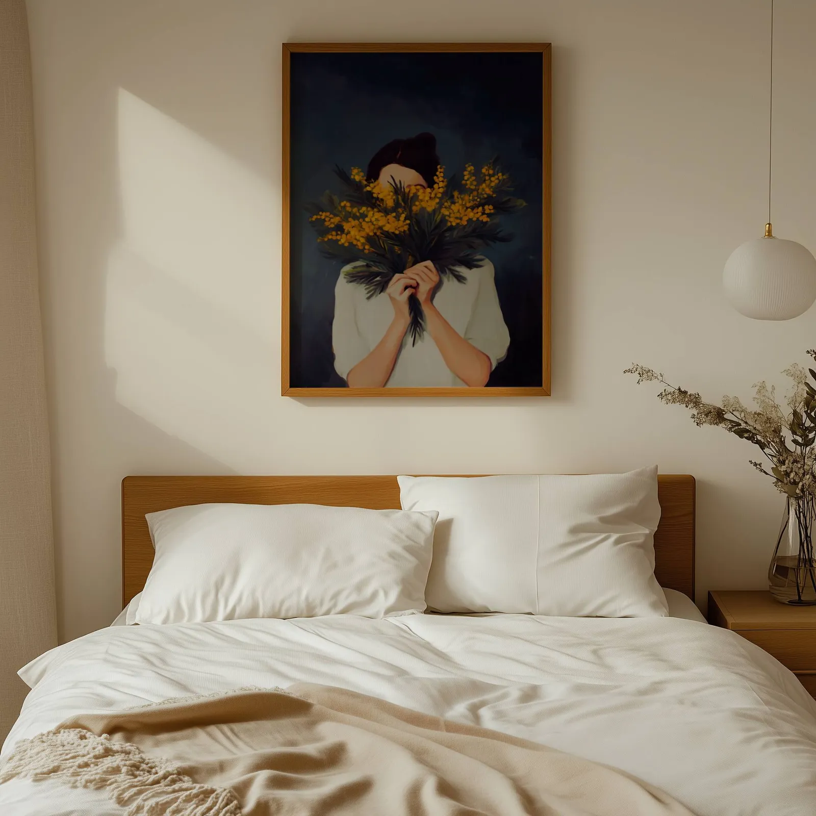 woman with yellow mimosa flowers wall art, above a wooden headboard with white linen pillows