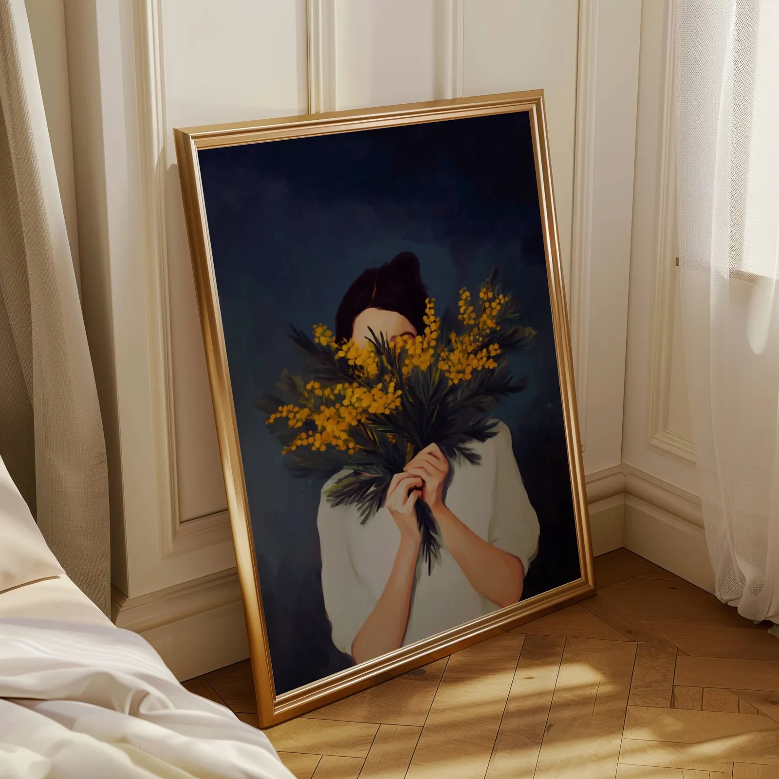 woman with yellow mimosa flowers wall art, leaning in a sunlit corner beside sheer curtains and herringbone floor