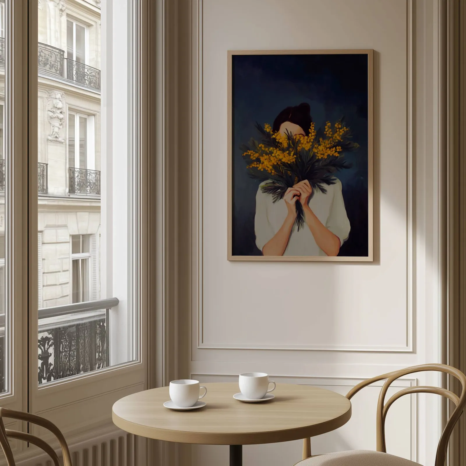woman with yellow mimosa flowers wall art, above a round café table set with two coffee cups