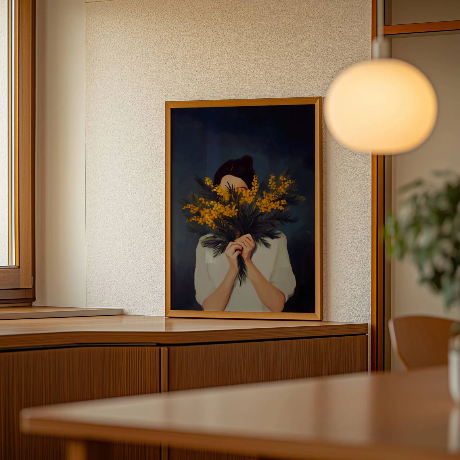 woman with yellow mimosa flowers wall art, leaning on a wooden sideboard beside a glowing globe pendant