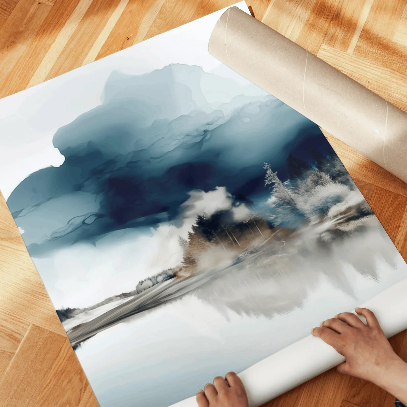 blue and brown misty forest landscape wall art set of 2, unrolled across a herringbone parquet floor by hand