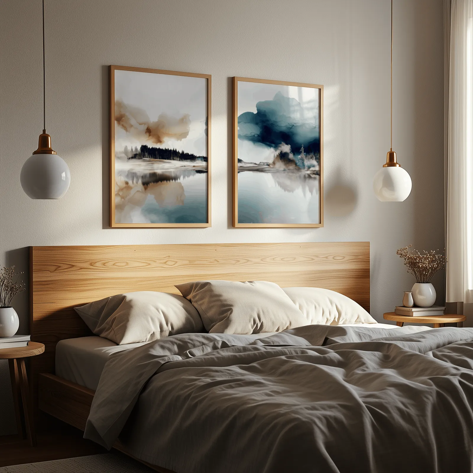 blue and brown misty forest landscape wall art set of 2, above a wooden headboard flanked by globe pendant lights