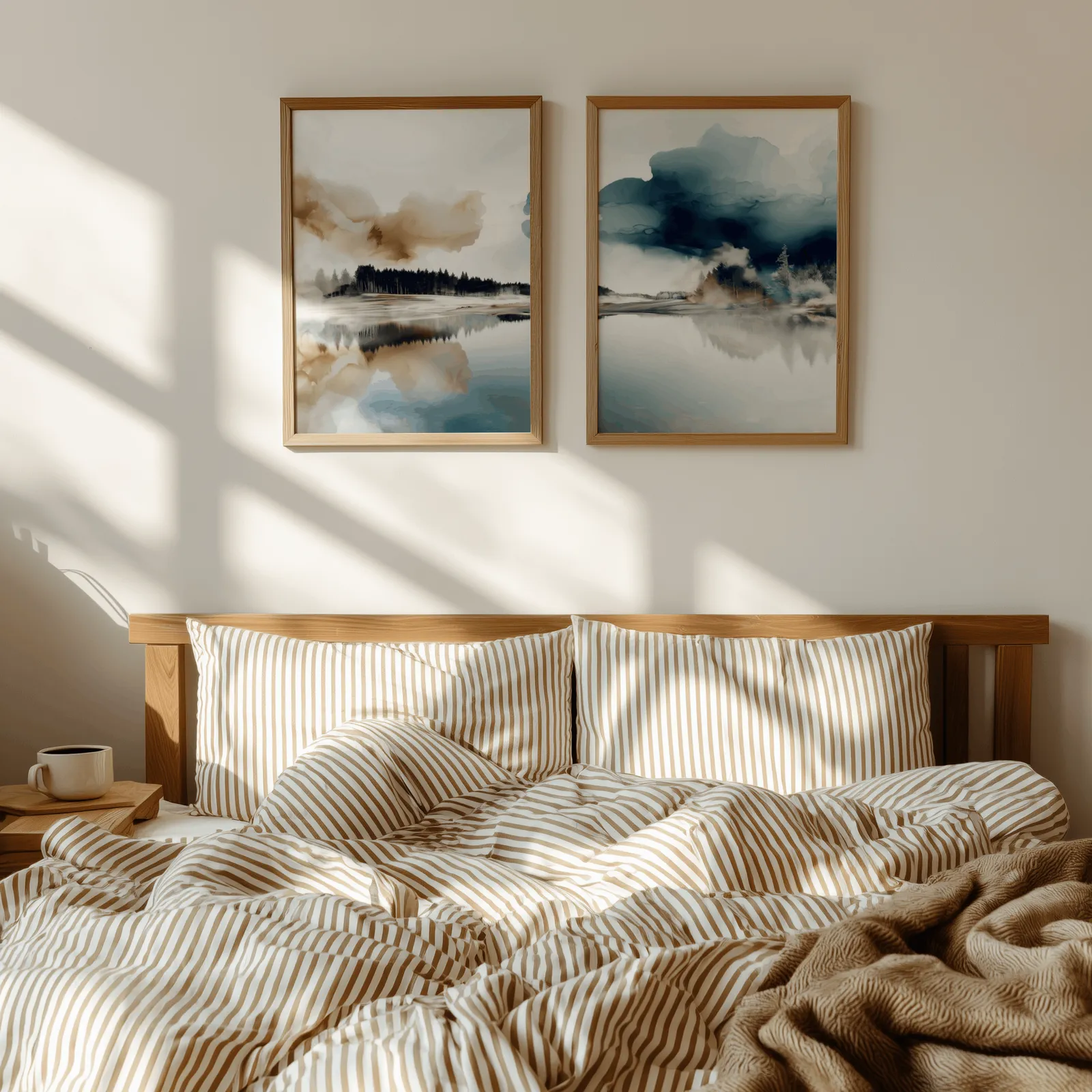 blue and brown misty forest landscape wall art set of 2, above a wooden headboard with striped bedding and raking sunlight
