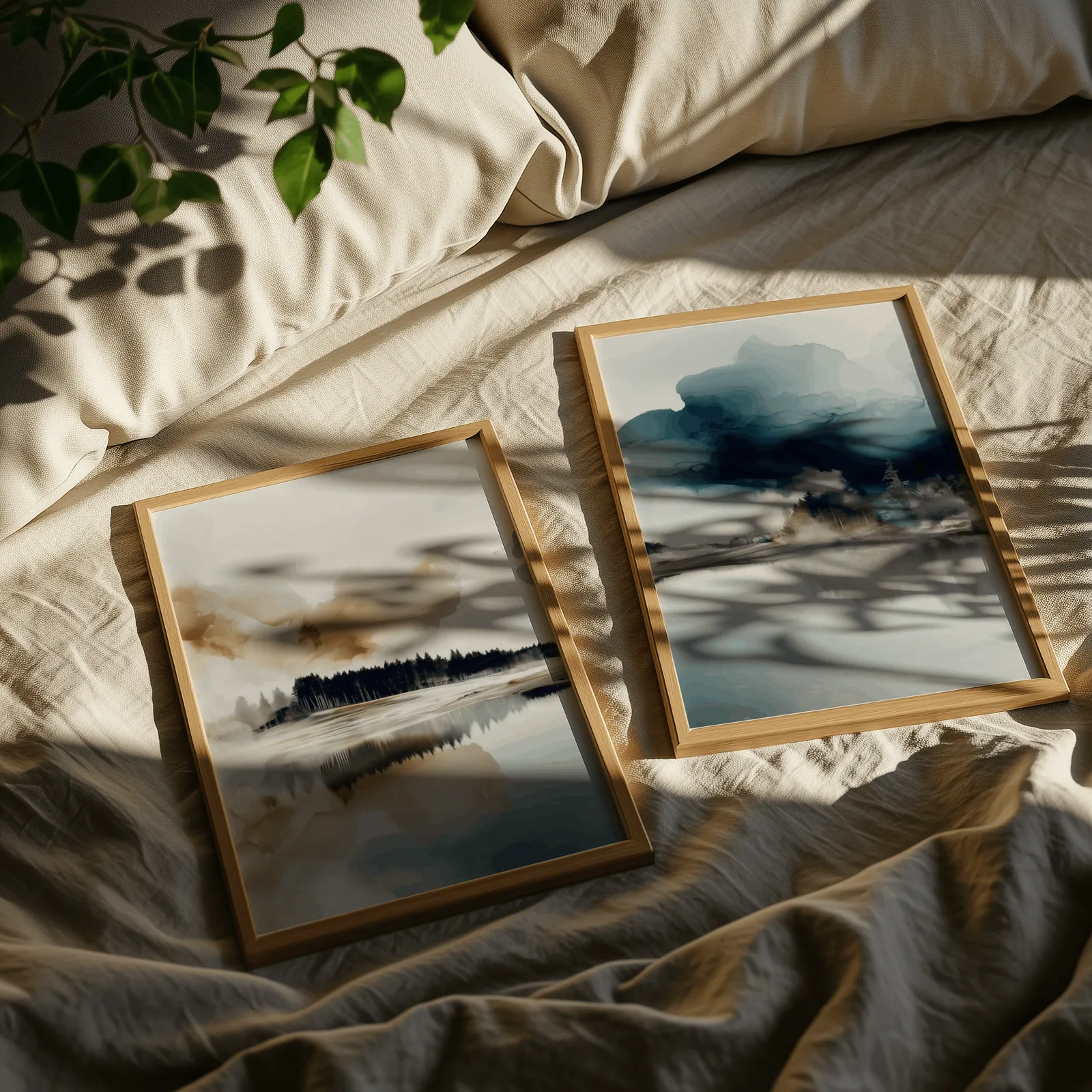 blue and brown misty forest landscape wall art set of 2, resting on rumpled linen sheets with dappled leaf shadows