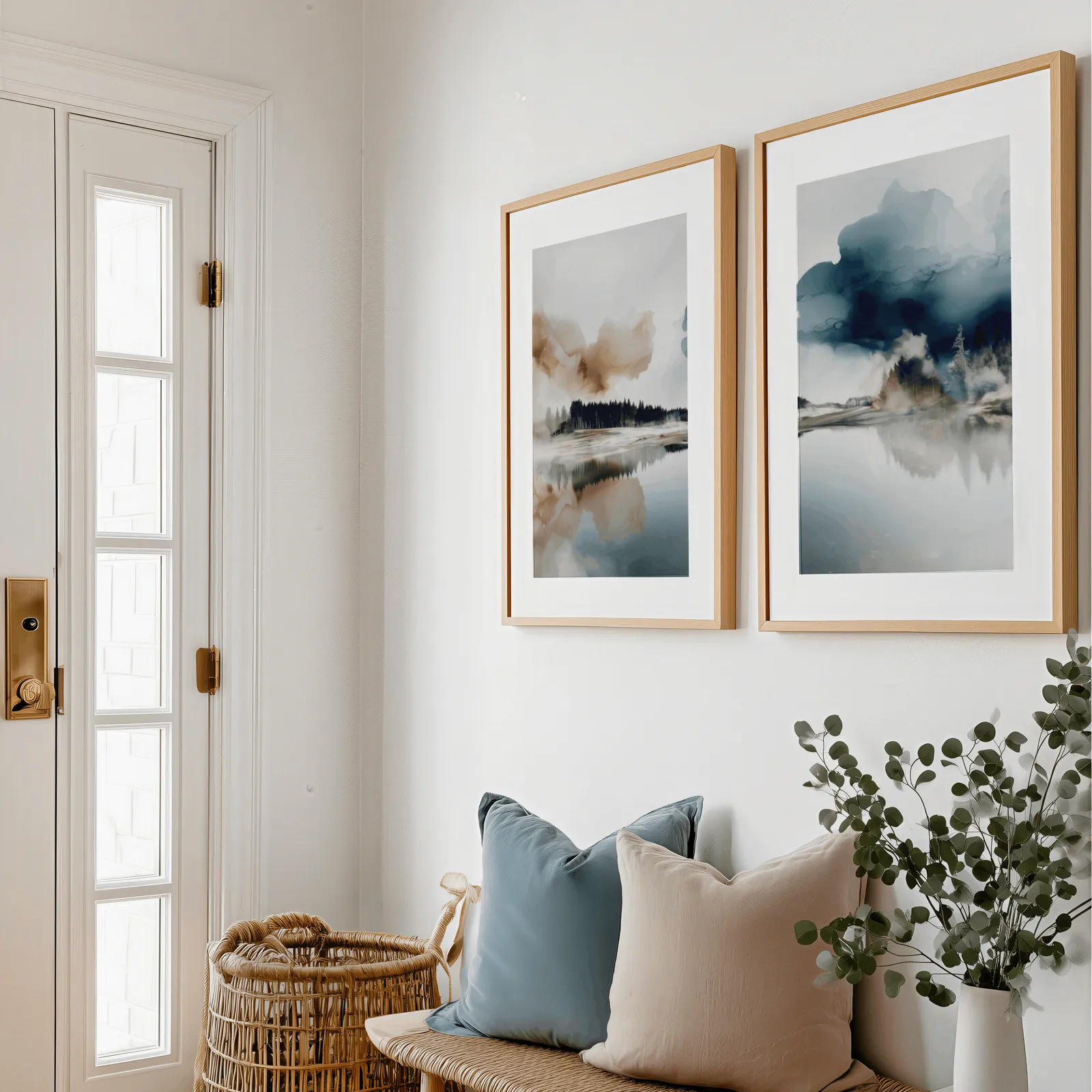 blue and brown misty forest landscape wall art set of 2, above a bench with blue and blush pillows near the entry door