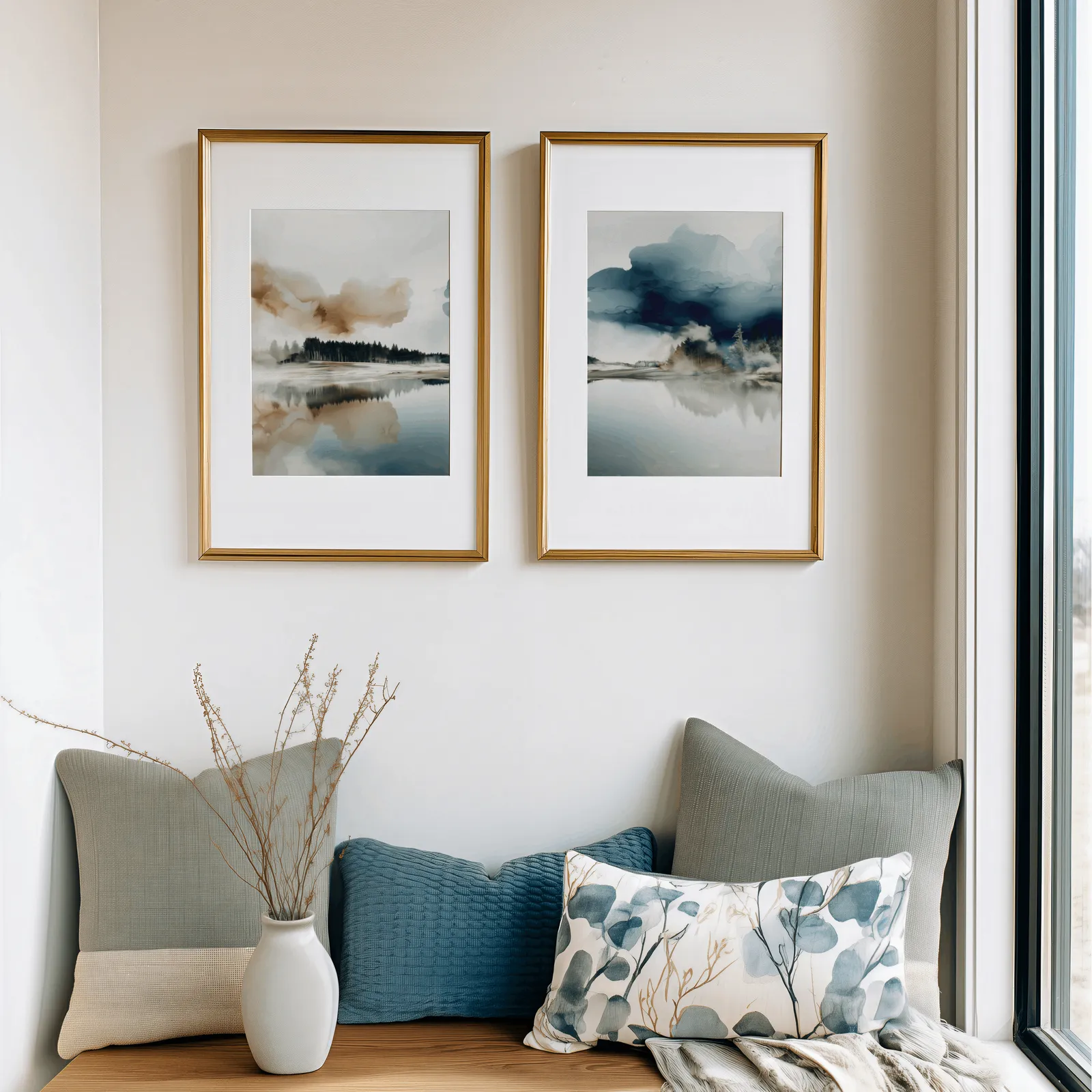 blue and brown misty forest landscape wall art set of 2, above a cushioned window seat with sage and blue pillows
