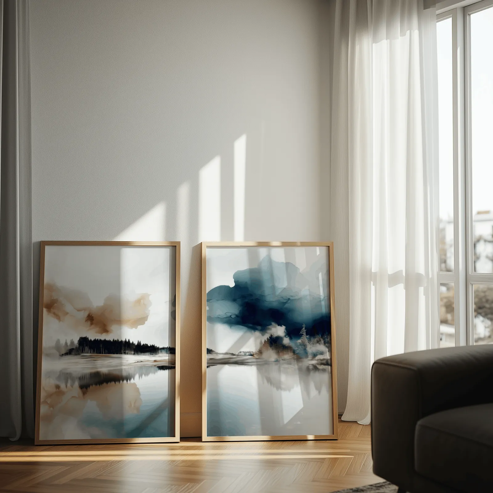 blue and brown misty forest landscape wall art set of 2, leaning against a sunlit wall by sheer curtains