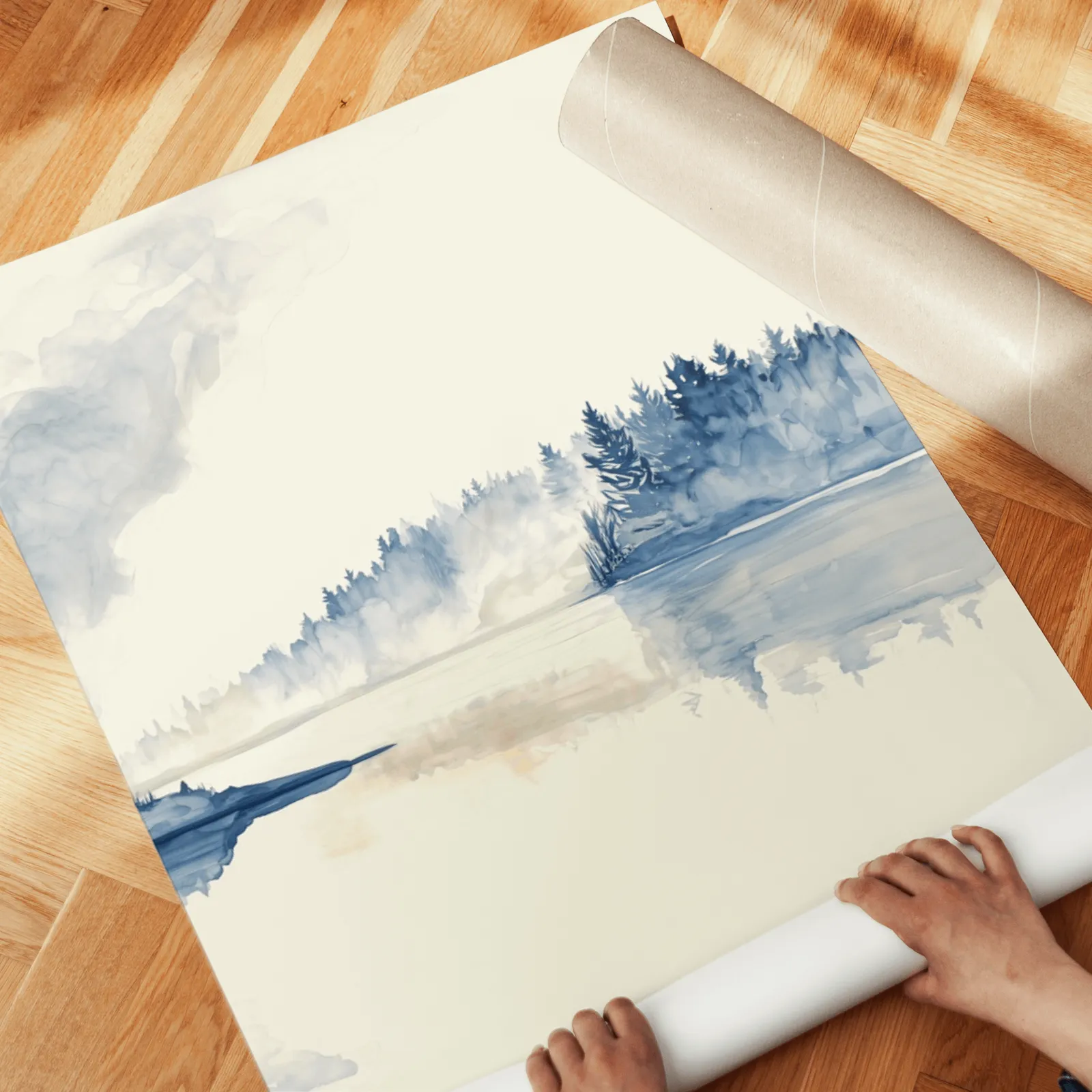 blue misty forest lake wall art set of 2, unrolled across a herringbone parquet floor by hand