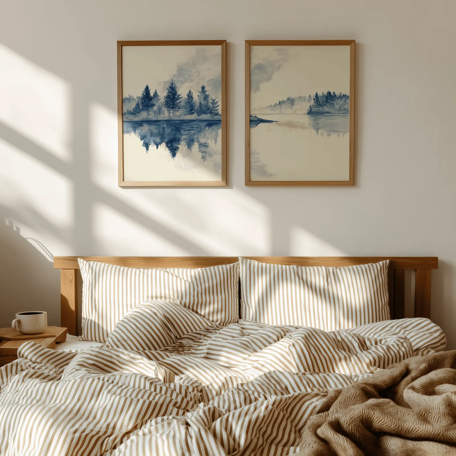 blue misty forest lake wall art set of 2, above a wooden headboard with striped bedding and raking sunlight