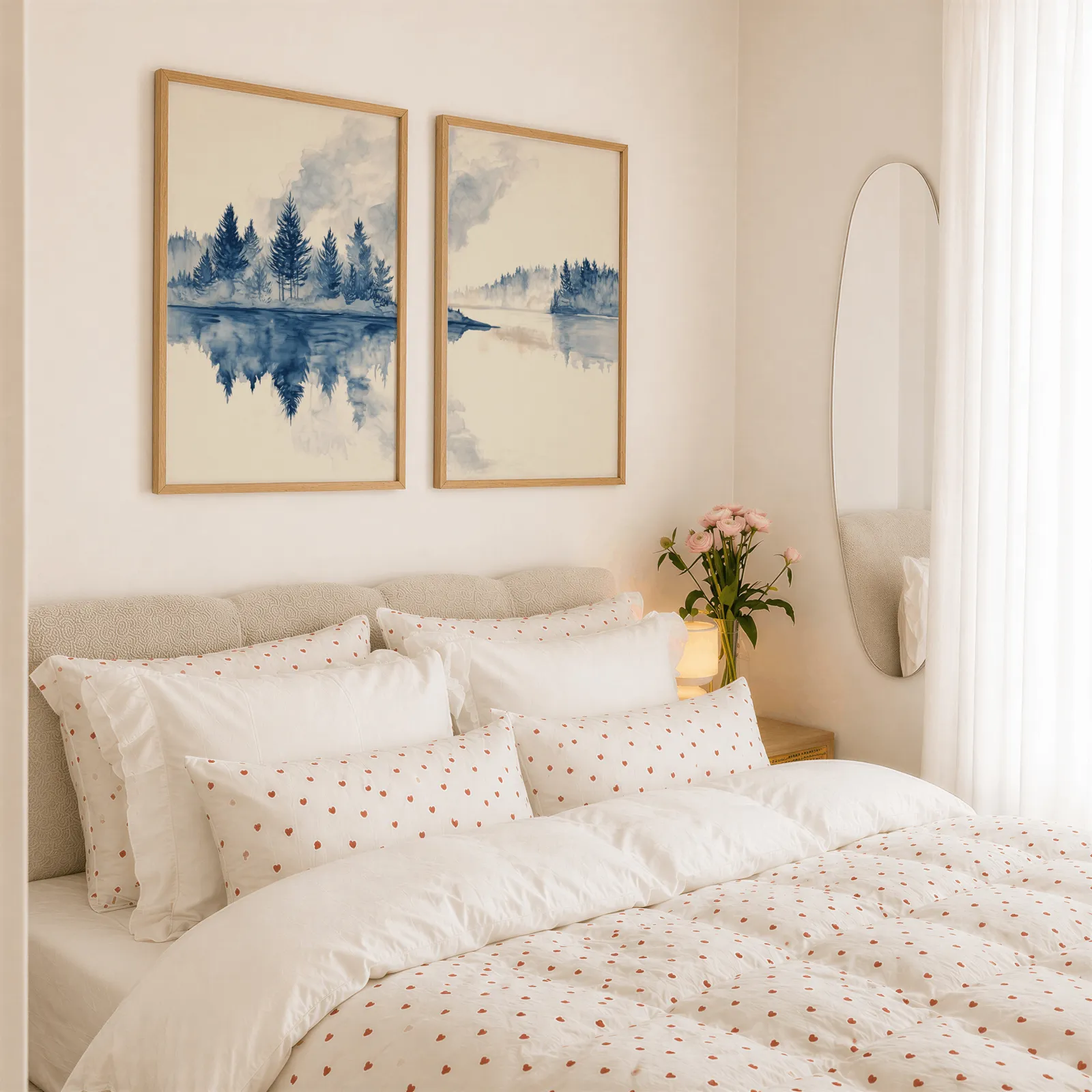 blue misty forest lake wall art set of 2, above a tufted headboard piled with heart-print pillows