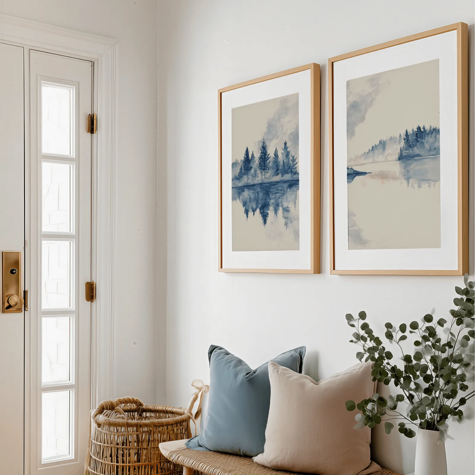 blue misty forest lake wall art set of 2, above a bench with blue and blush pillows near the entry door