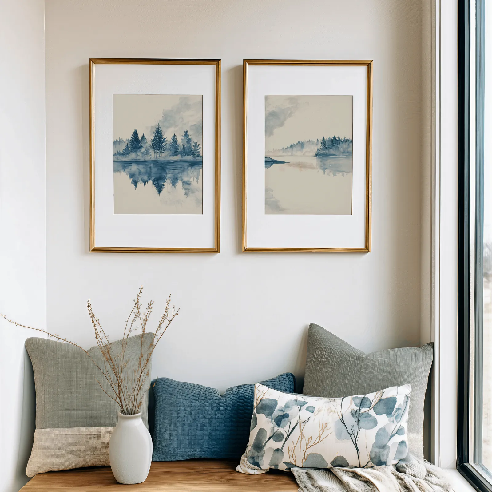 blue misty forest lake wall art set of 2, above a cushioned window seat with sage and blue pillows