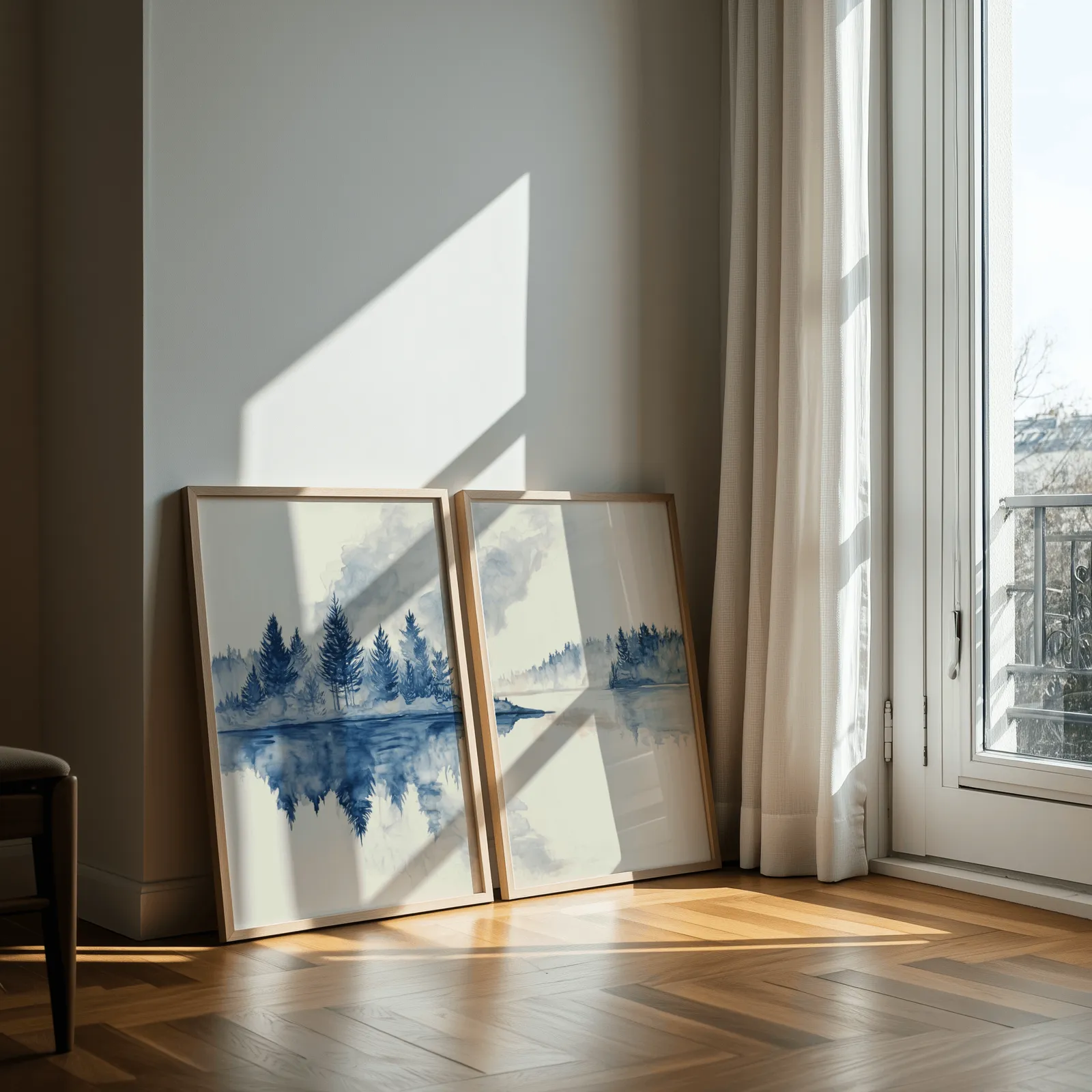 blue misty forest lake wall art set of 2, leaning against a sunlit wall by a curtained balcony door