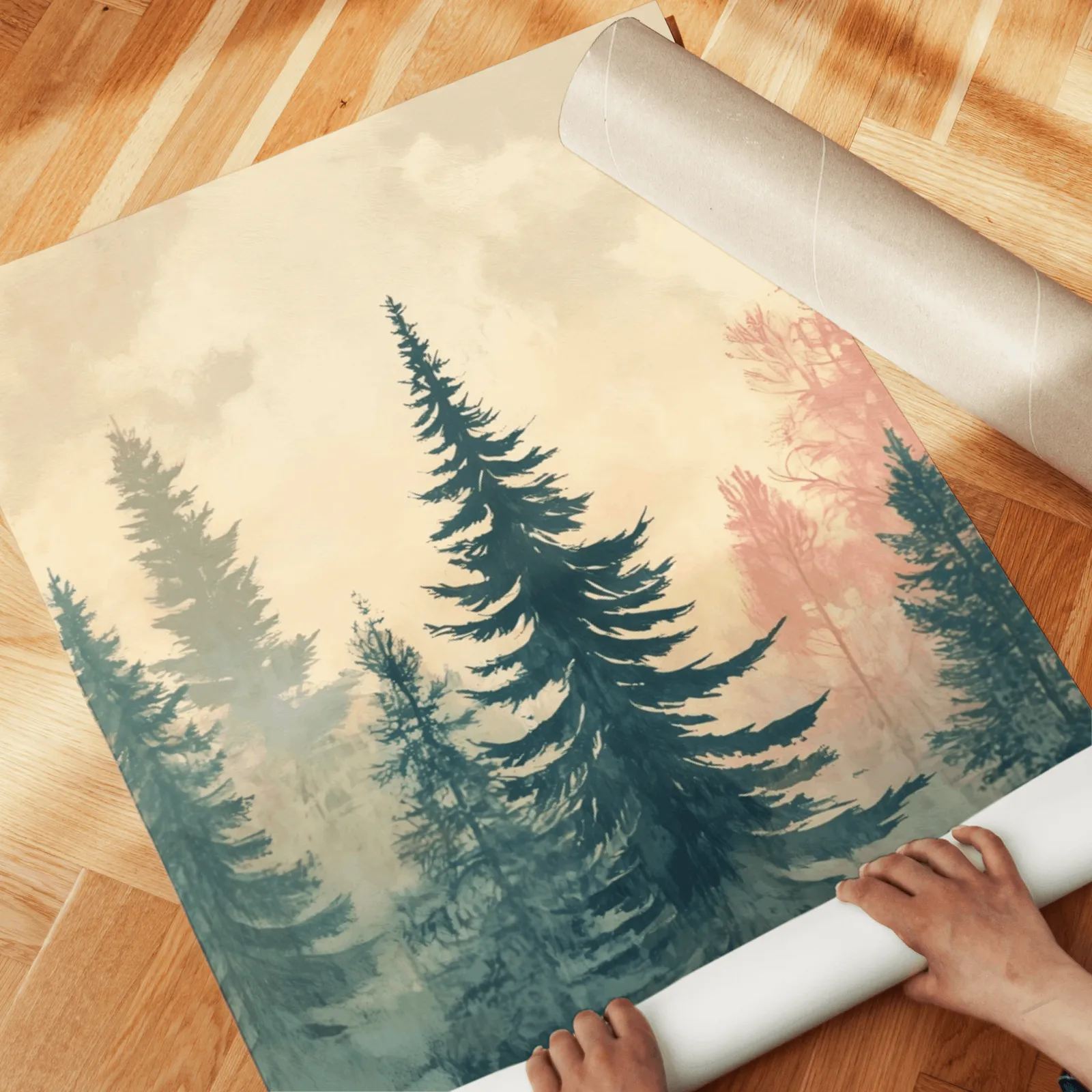 misty forest triptych wall art in pink and blue, unrolled across a herringbone wood floor by hand