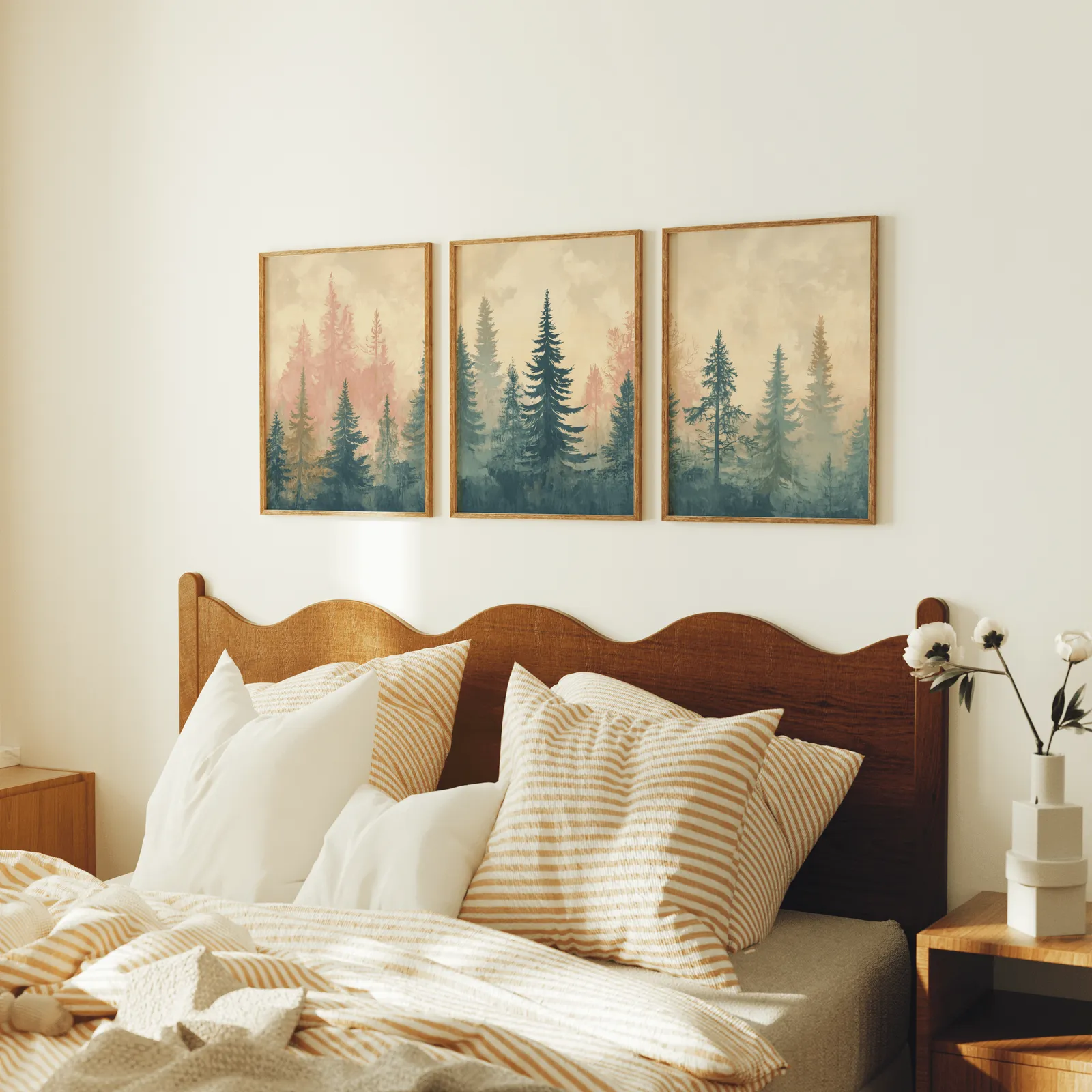 misty forest triptych wall art in pink and blue, above a scalloped wooden headboard with striped pillows