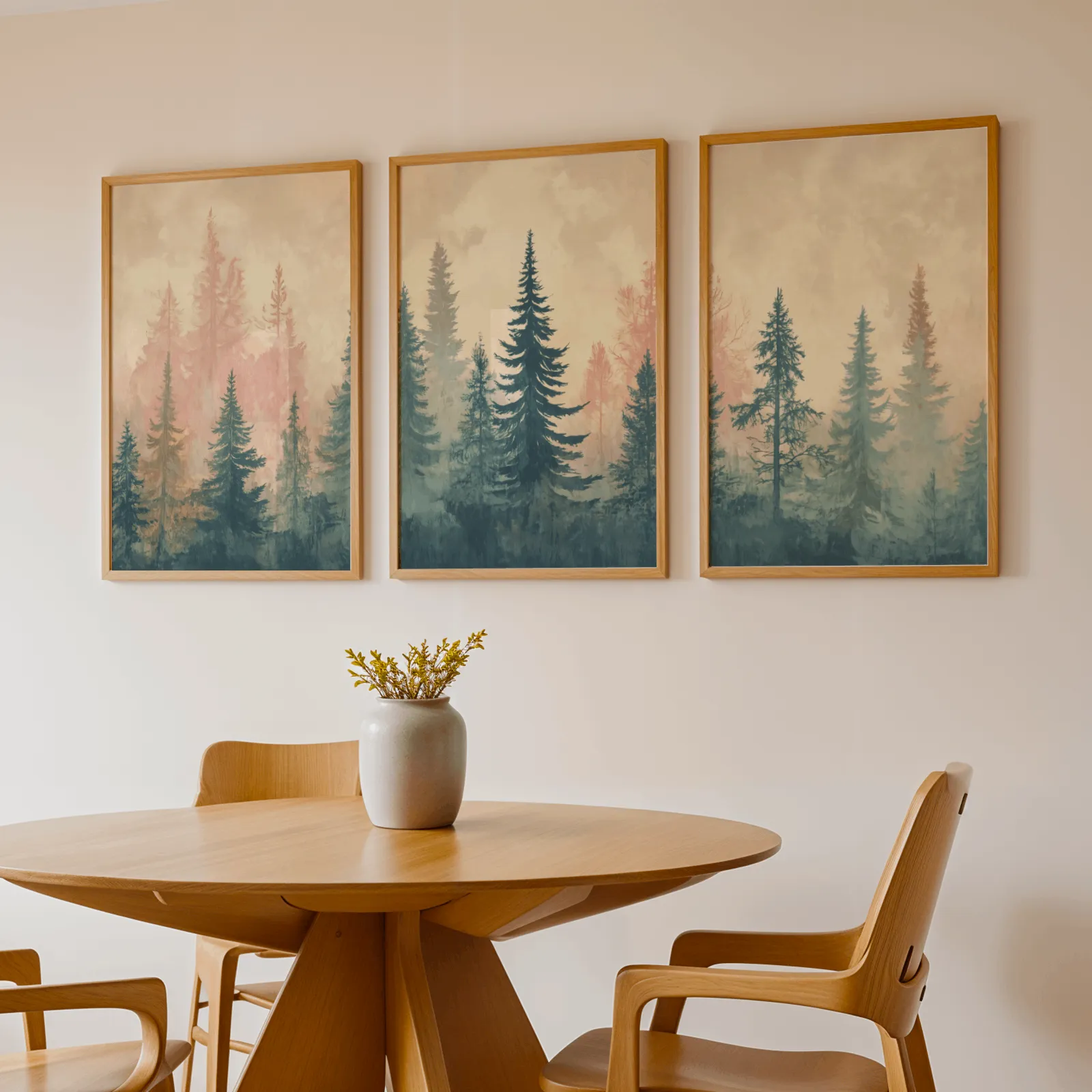 misty forest triptych wall art in pink and blue, above a round wooden table with a stoneware vase