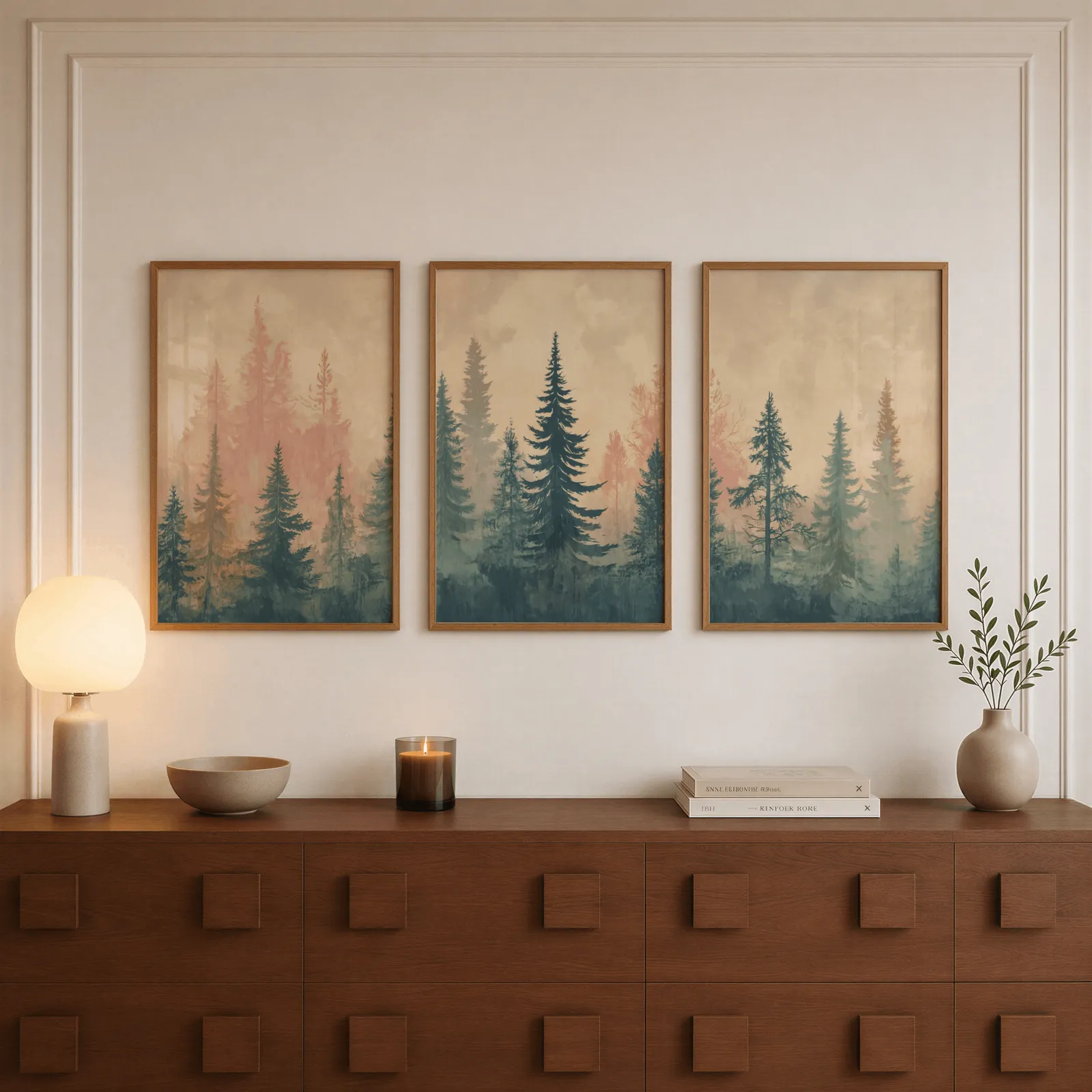 misty forest triptych wall art in pink and blue, above a walnut sideboard with a lit candle and glowing lamp