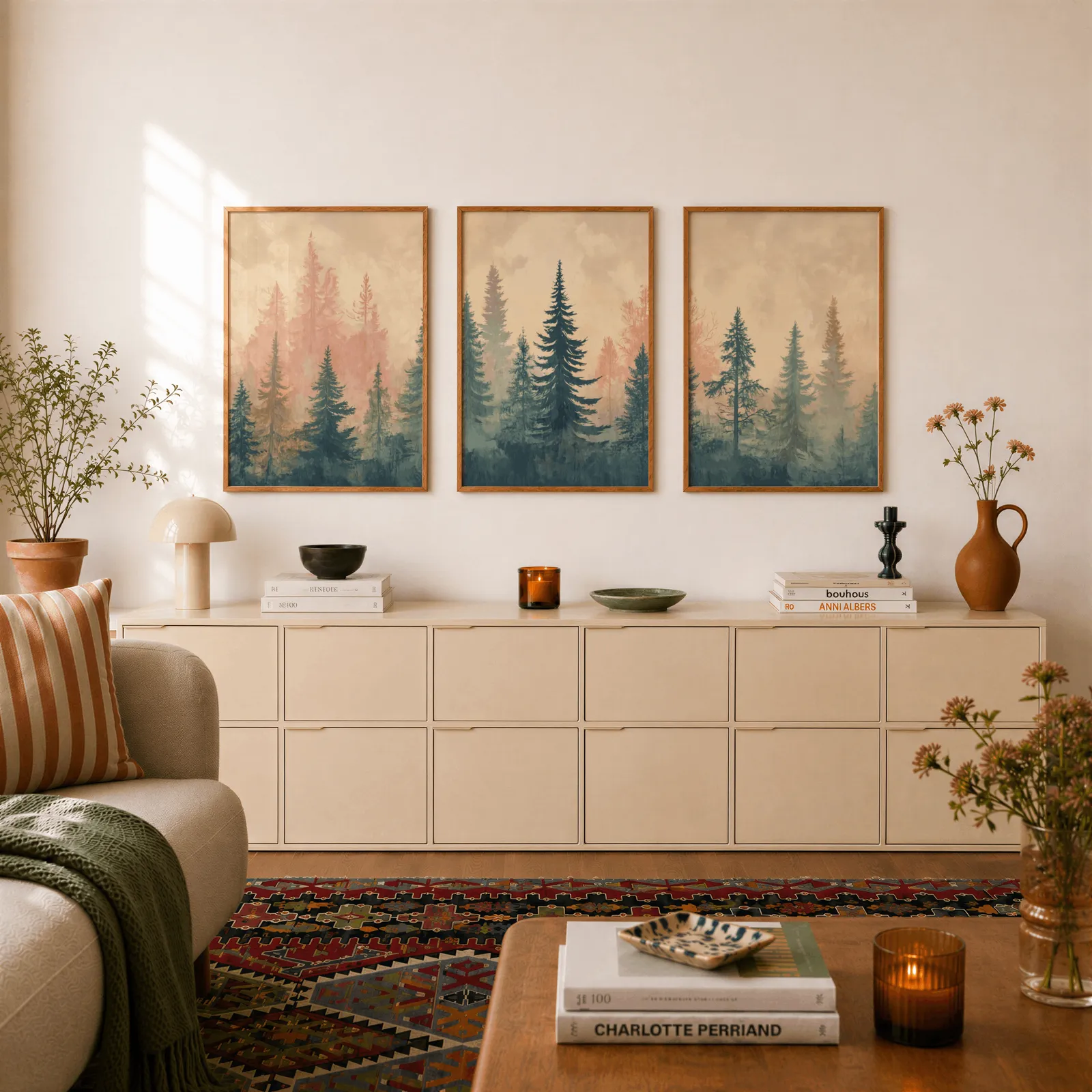 misty forest triptych wall art in pink and blue, above a long cream sideboard topped with books and a terracotta jug
